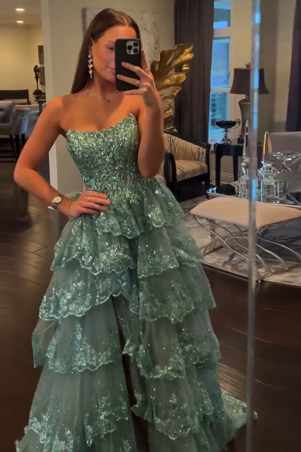 Strapless Ruffled Lace Sequin A-Line Prom Dress SH162 Sheer Fairy