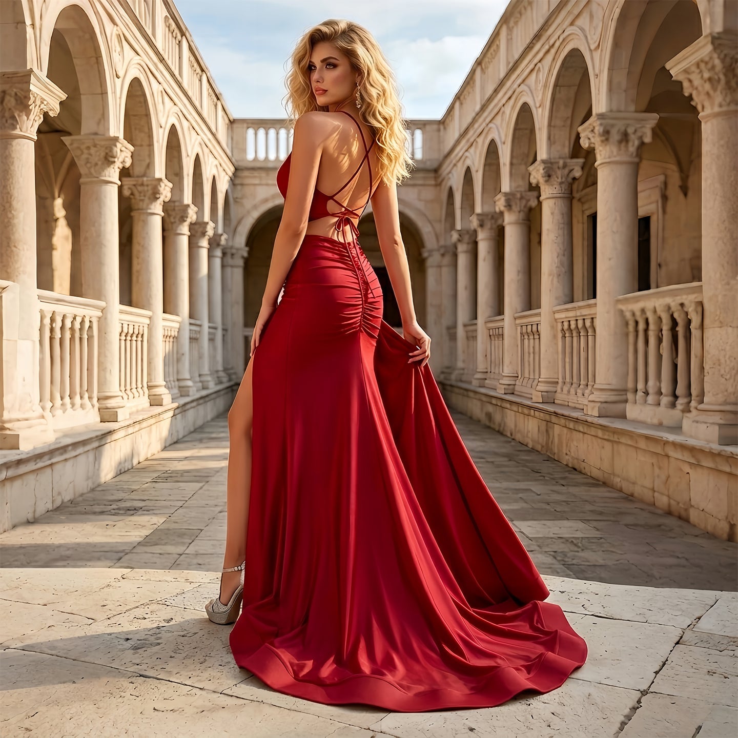 Elegant Wine Red Satin Low Back Mermaid Prom Dress with High Thigh Slit SH851 Sheer Fairy
