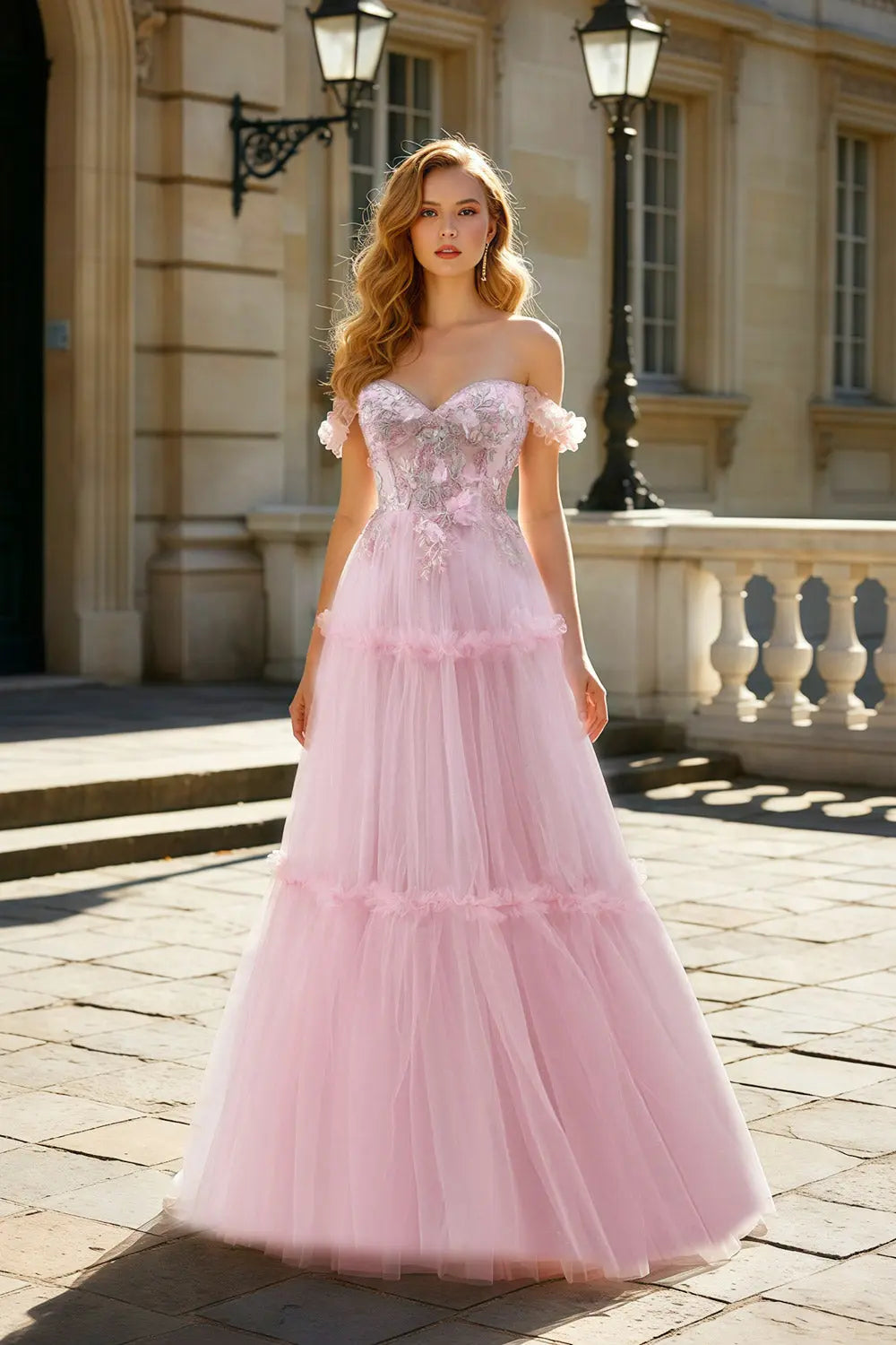 Blush Off-the-Shoulder Tulle Ball Gown Pink Prom Dress SH480 Sheer Fairy