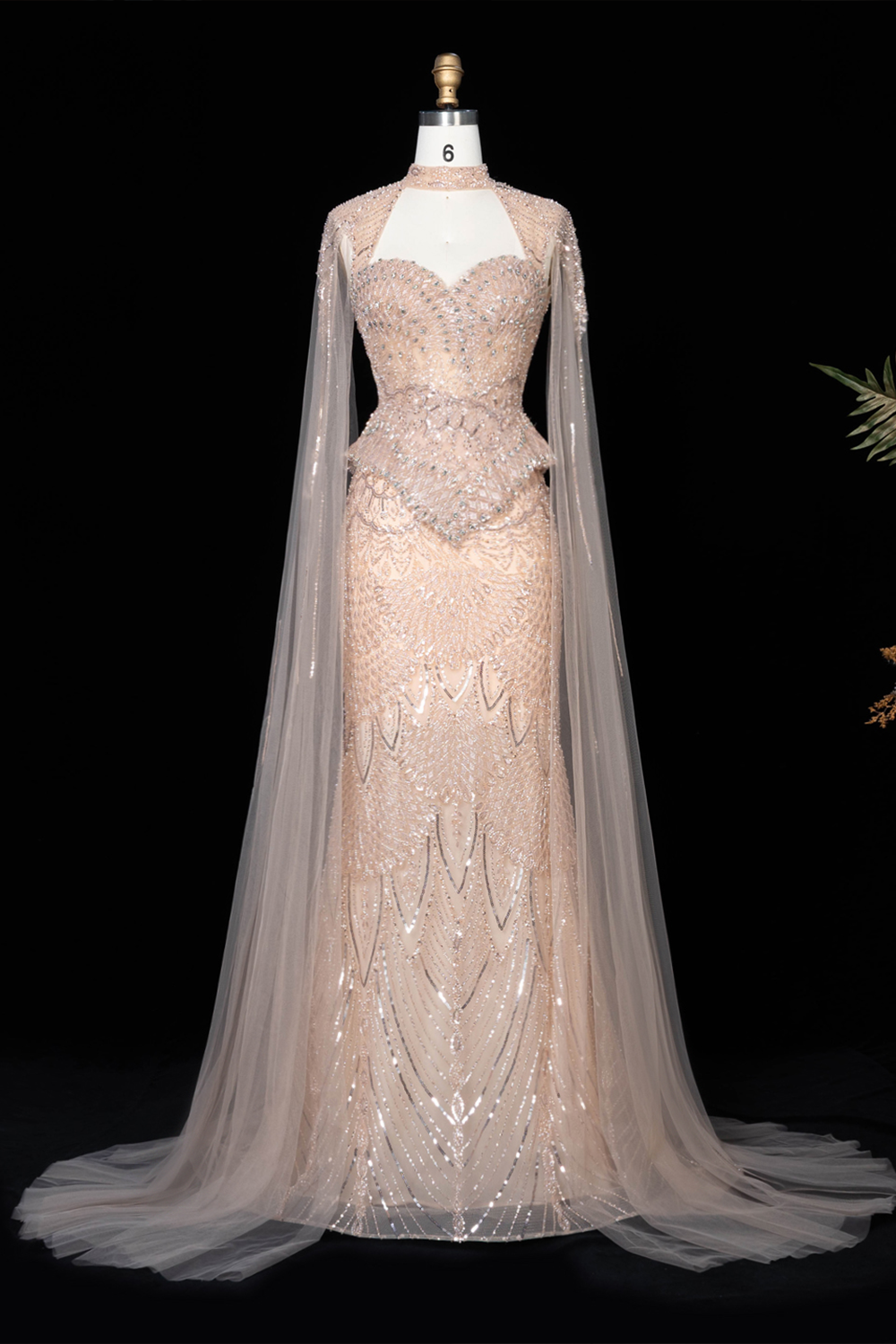 Champagne Beaded Sheer Corset Evening Gown with Draped Cape & Pleated Skirt SS018 Sheer Fairy