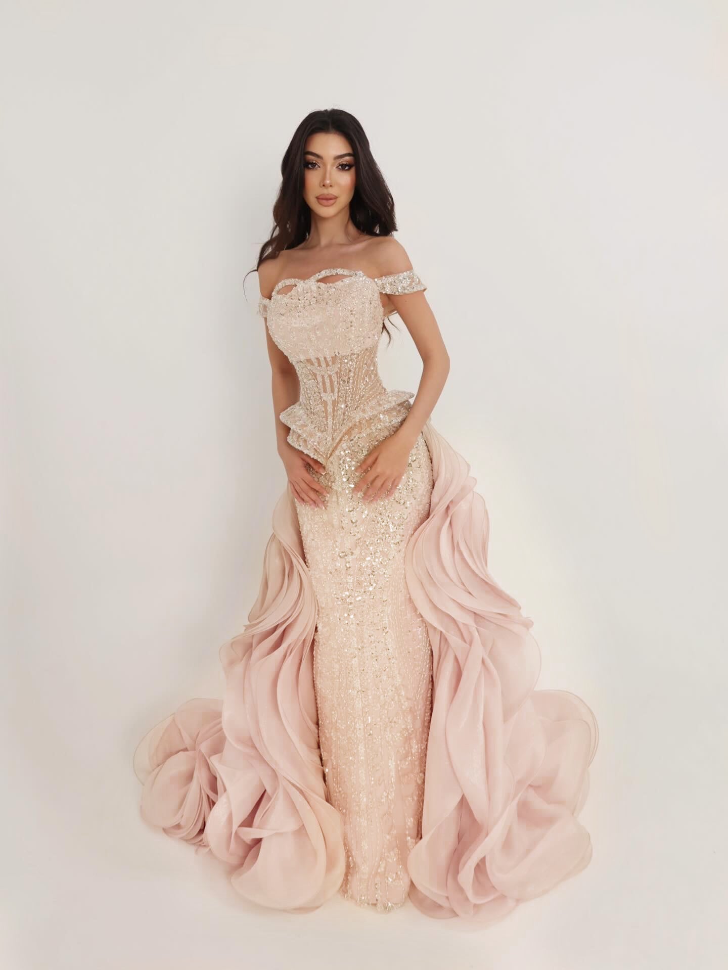 Sparkling Sequin Beaded Evening Dress with Cascading Layered Tiered Ruffle Train SS236 Sheer Fairy