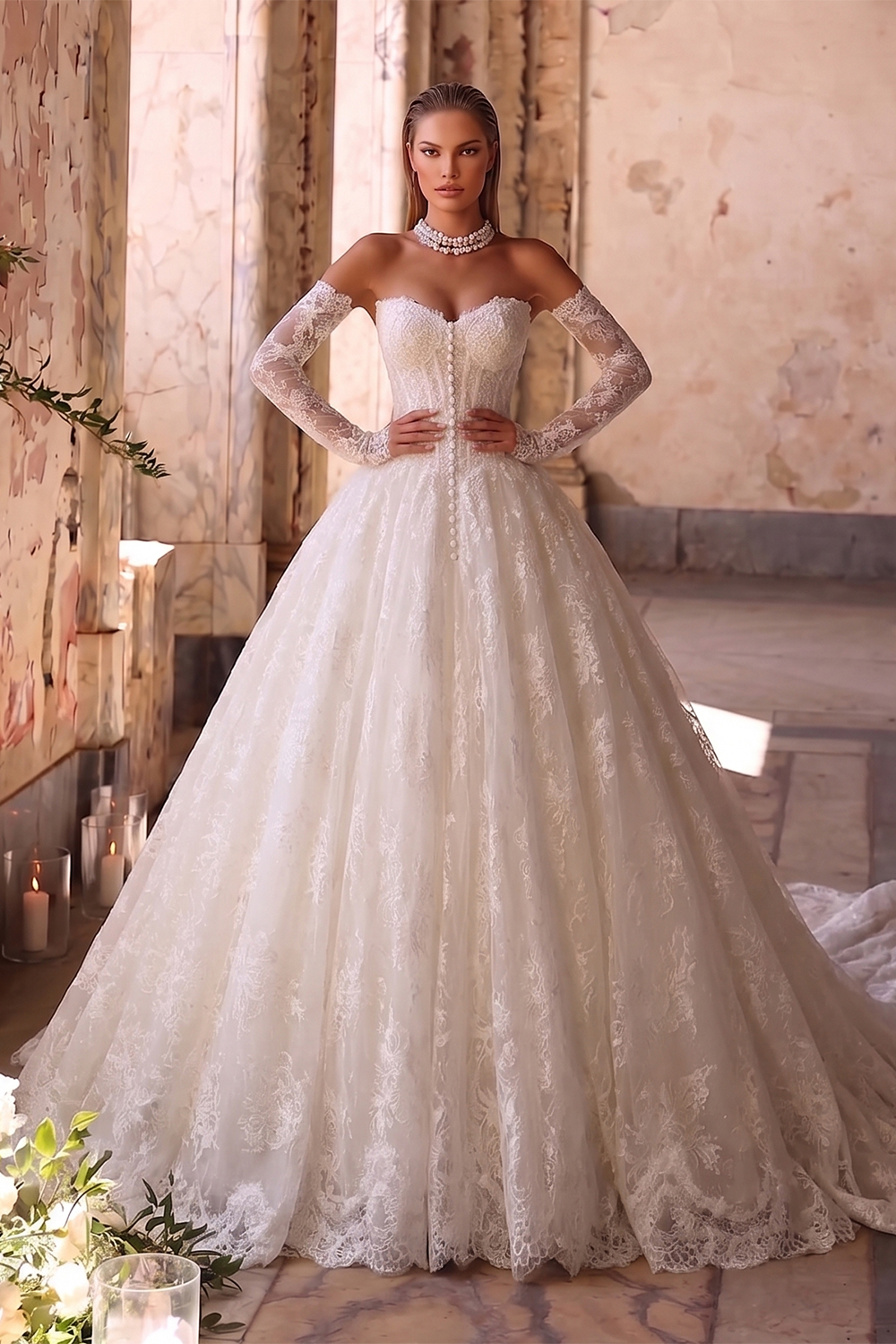 White Full Lace Ball Gown Bridal Dress Sweetheart Neckline with Matching Long Sleeves SW677 Sheer Fairy