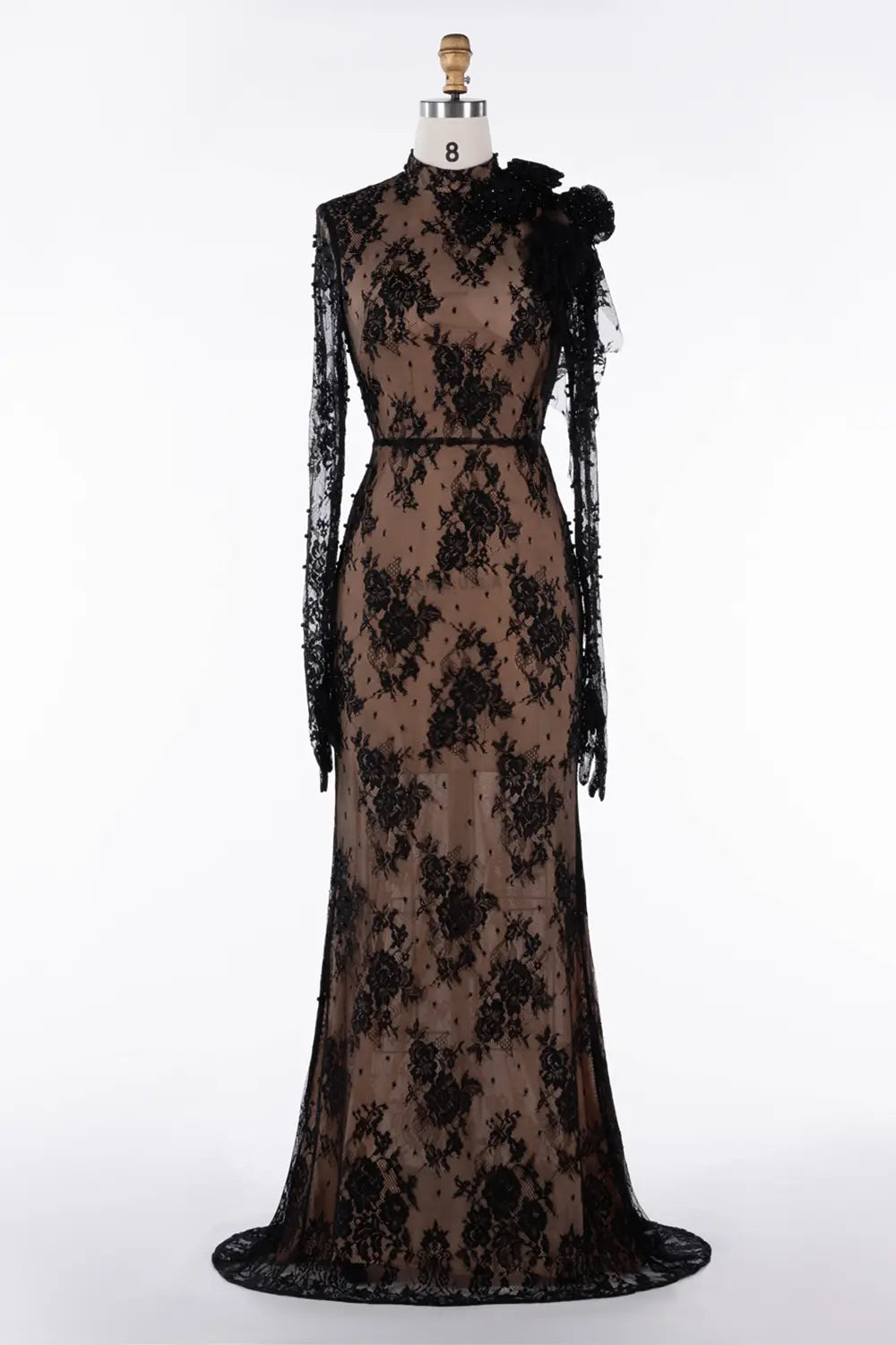 Black Lace Floral Applique Mermaid Formal Dress ST043 Sheer Fairy