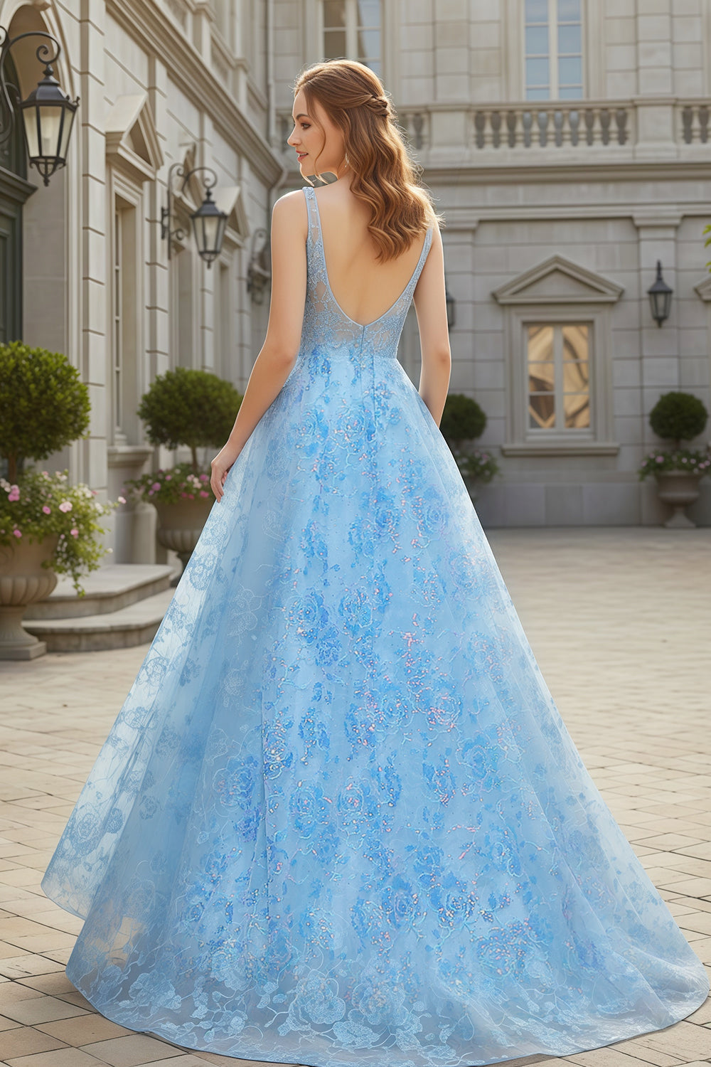 A-Line Spaghetti Strap Light Blue Tulle Prom Dress for Girls Sheer Fairy