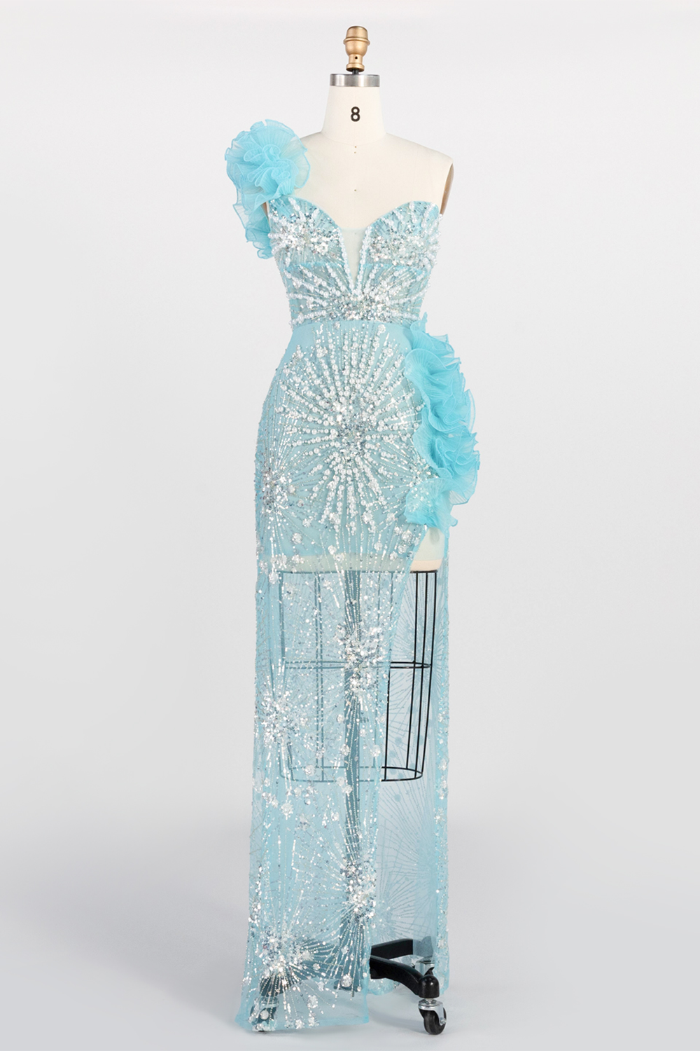 Blue One Shoulder Sequin Prom Dress 3D Ruffle Flower High Slit Evening Gown ST012 Sheer Fairy