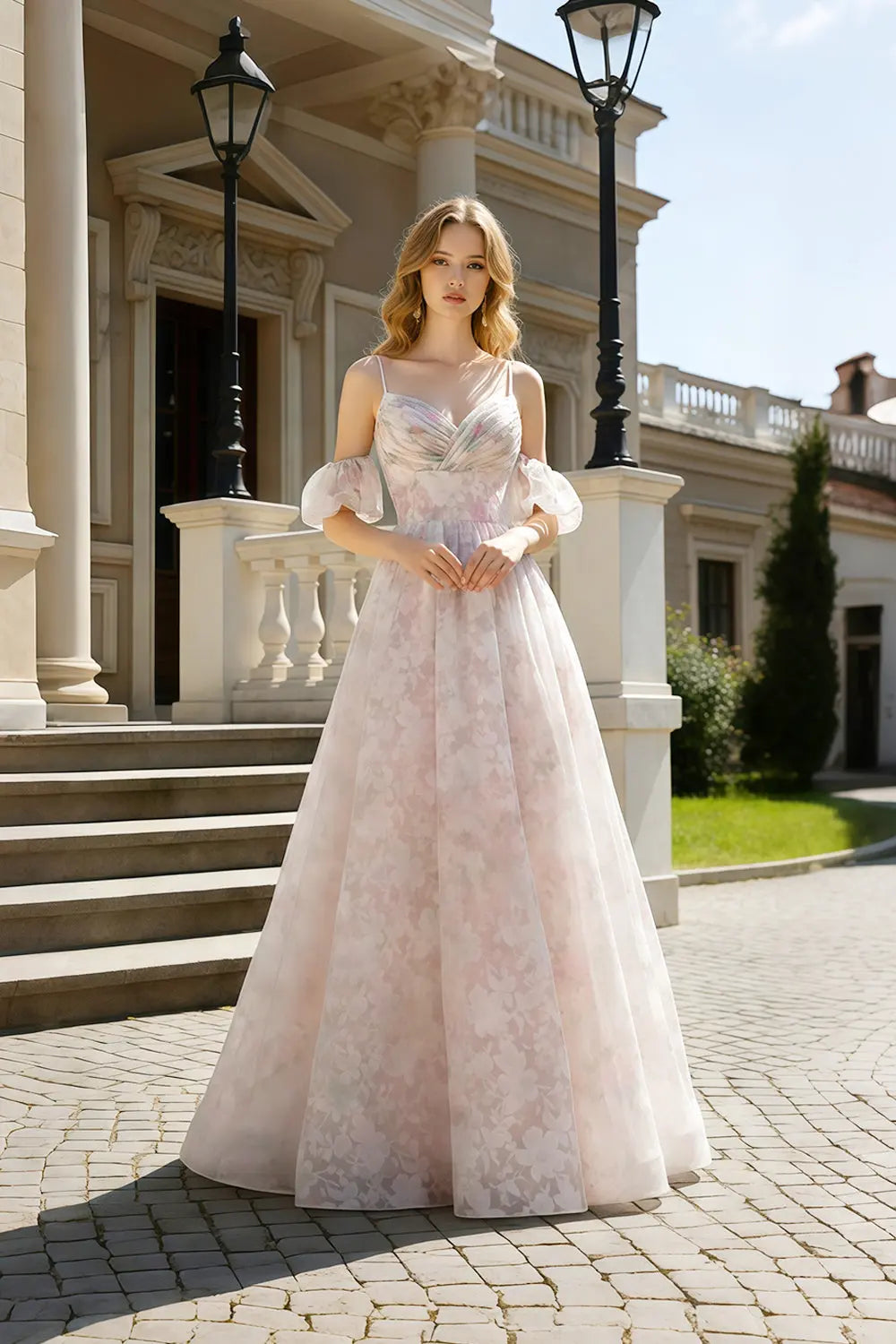 Blush Pink Floral Lace Ball Gown Prom Dress with Ruffled Sleeves SH431 Sheer Fairy