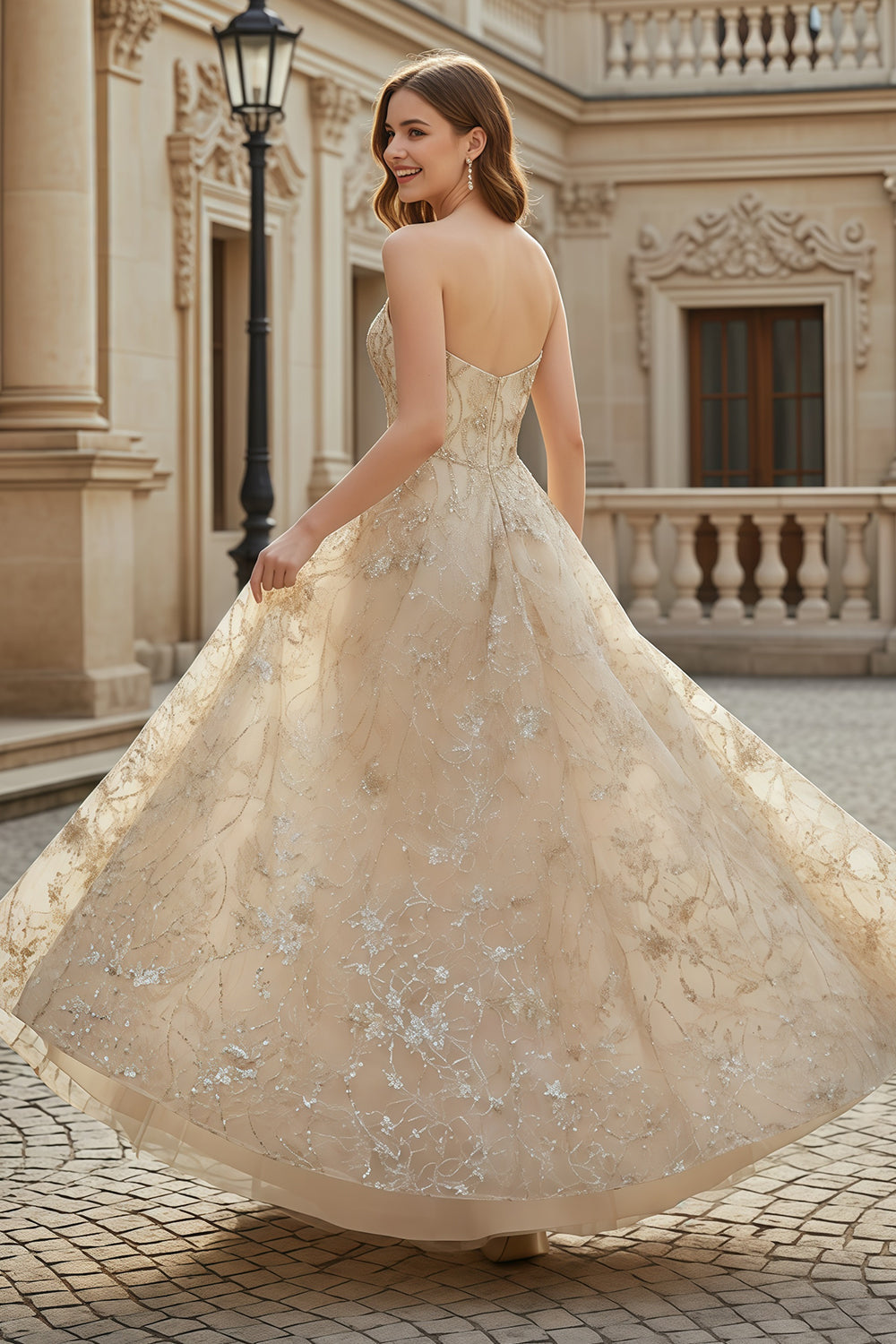 Champagne Sequin Strapless Sweetheart Ballgown Prom Dress SH121 Sheer Fairy