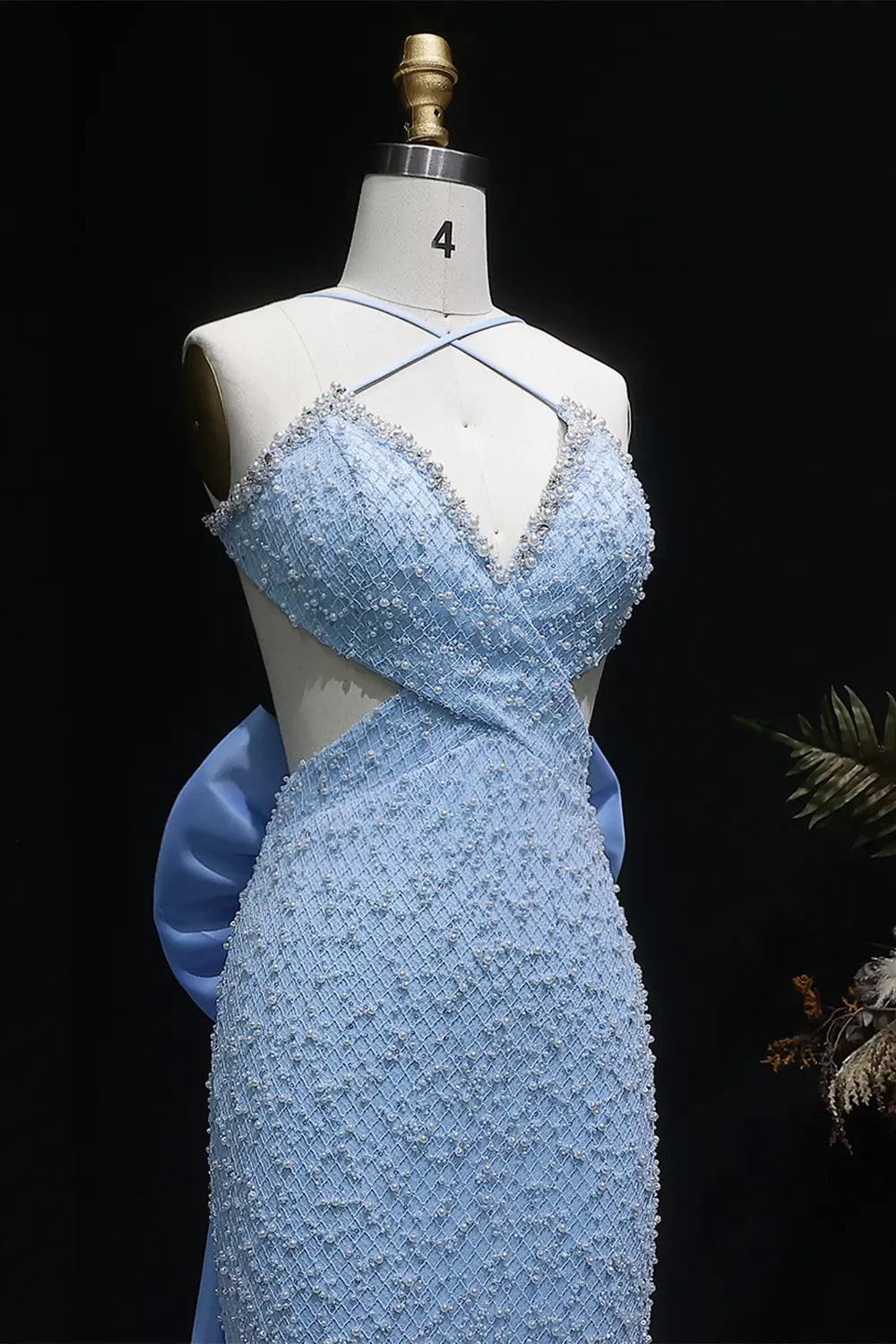 Blue Beaded Mermaid Prom Gown with Crisscross Straps and Train SH066 Sheer Fairy