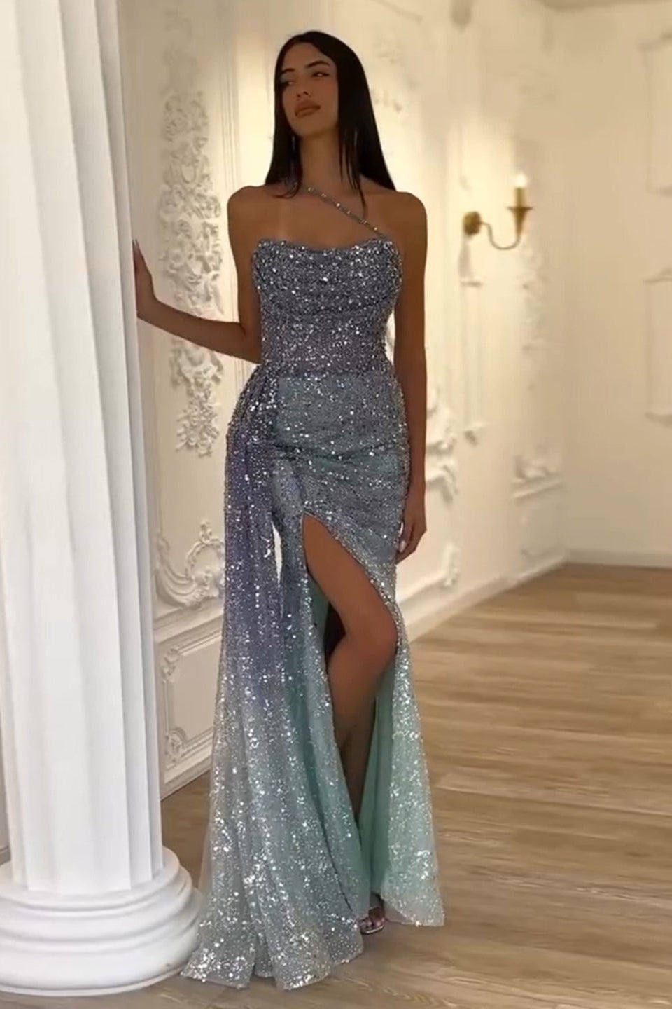 Luxury Sequined One-Shoulder Mermaid Evening Dress SS710