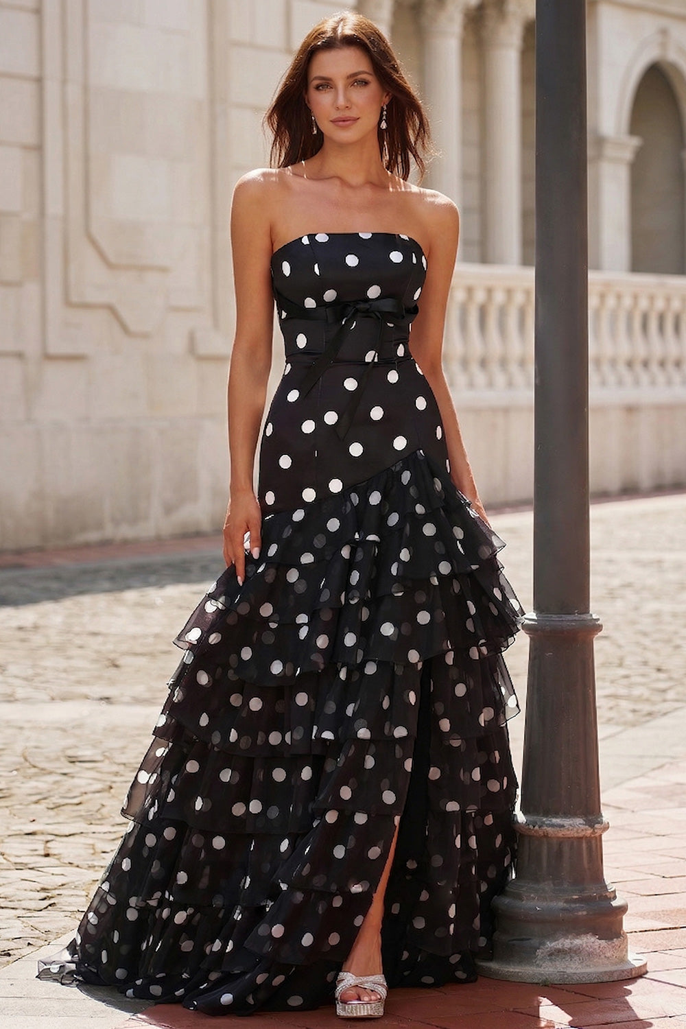 Black Strapless Prom Dress with Ruffle Tiered Skirt and Bow Detail SH735 Sheer Fairy