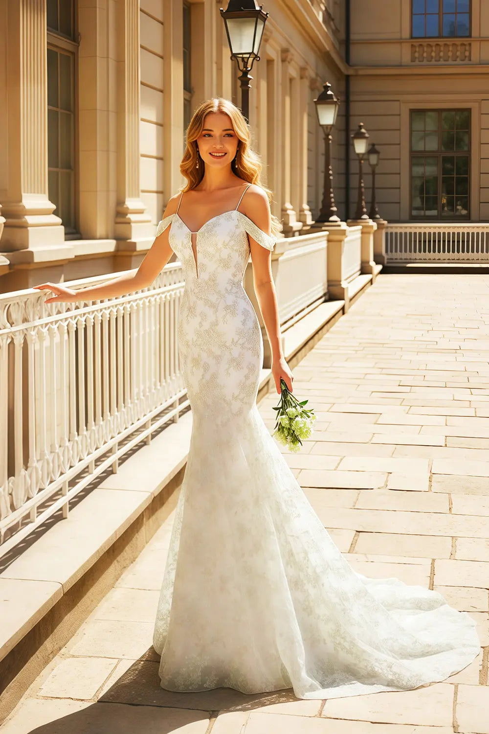 White Lace Mermaid Off-the-Shoulder Flora Beige Prom Dress SH460 Sheer Fairy