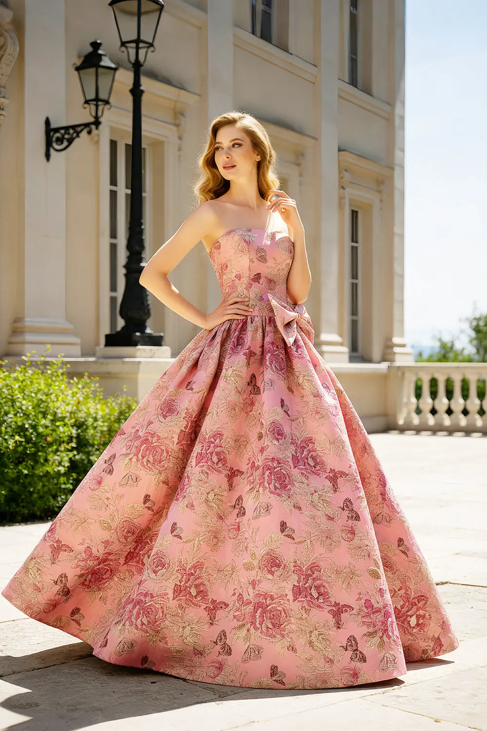 Pink Floral Jacquard Ball Gown Prom Dress SH402 Sheer Fairy