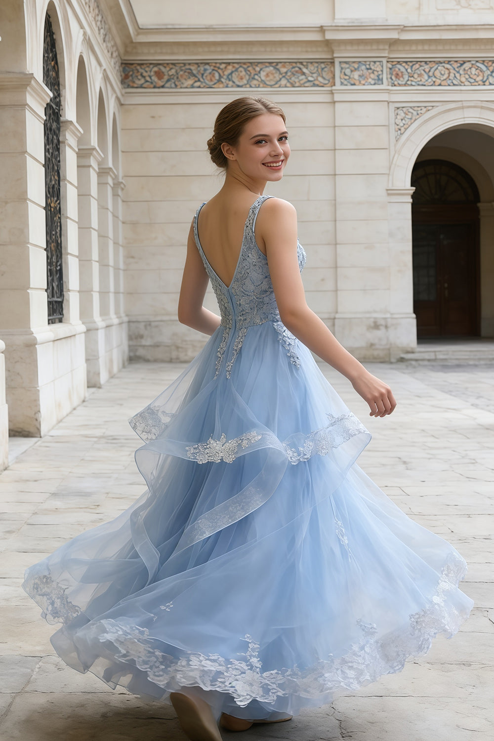 Pleated Light Blue Tulle Beaded Ballgown Prom Dress SH161 Sheer Fairy