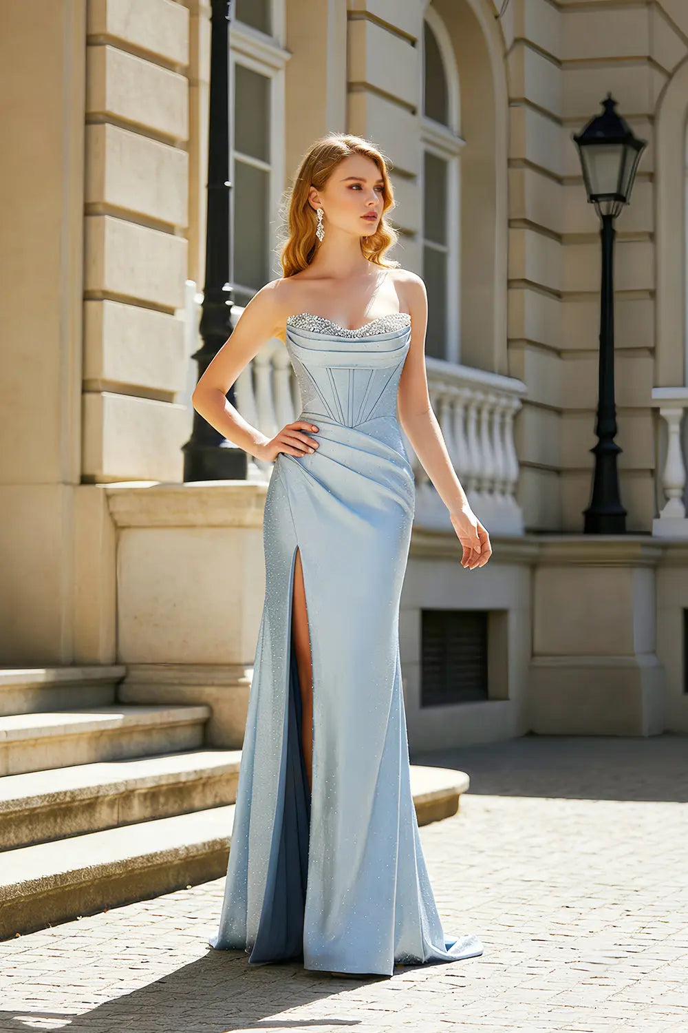 Light Blue Satin Mermaid Sweetheart Prom Dress with High Slit SH449 Sheer Fairy