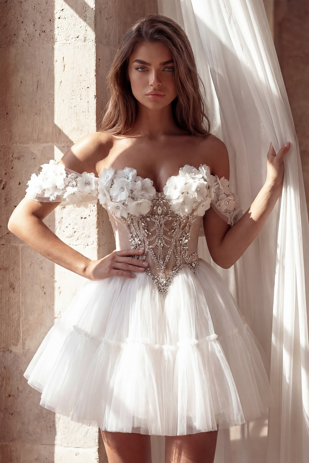 Off Shoulder 3D Floral Beaded Corset Tulle Mini short Wedding Dress SW238 Sheer Fairy