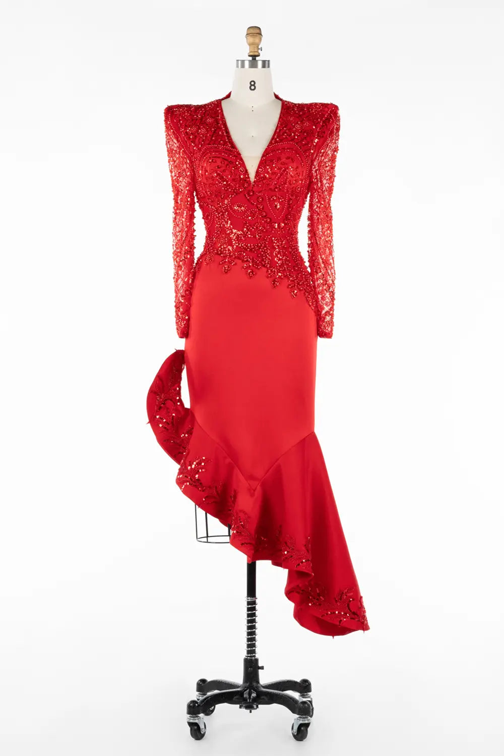 Red Beaded Sequin Asymmetrical Ruffle Midi Dress ST044 Sheer Fairy