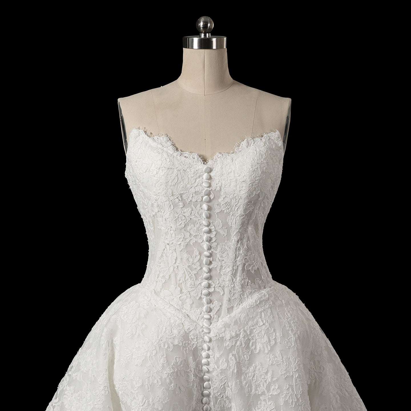 White Lace Strapless Princess Wedding Dress Button Down Front with Long Train SW742 Sheer Fairy