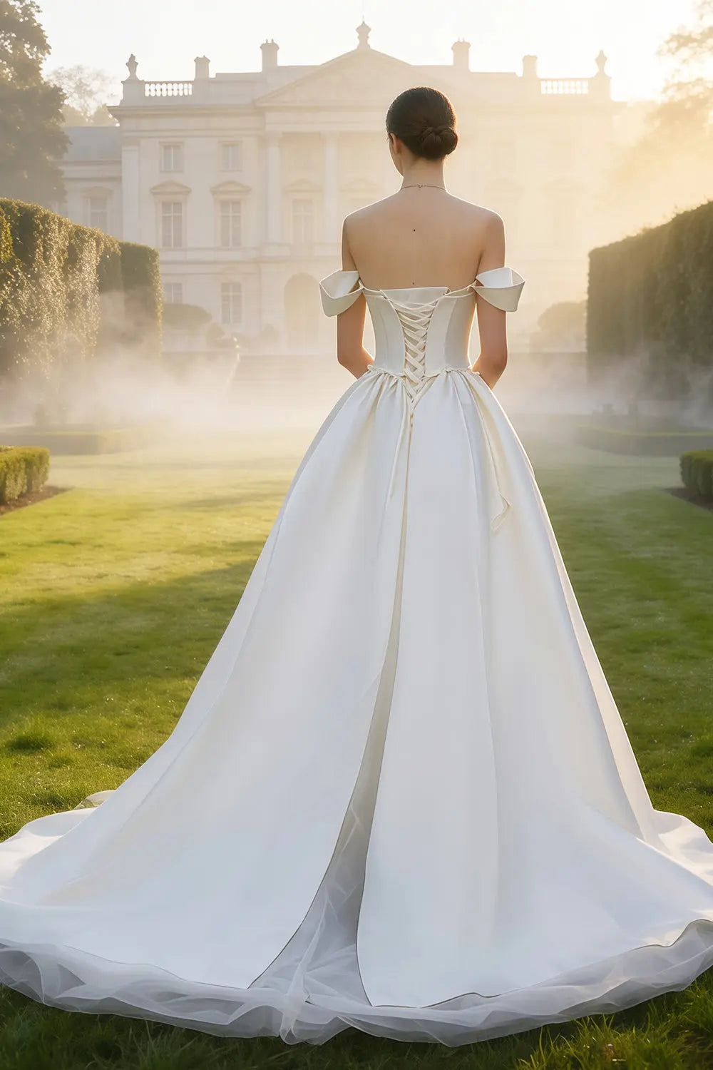 Off-the-Shoulder Satin Ballgown Wedding Dress SW633 Sheer Fairy