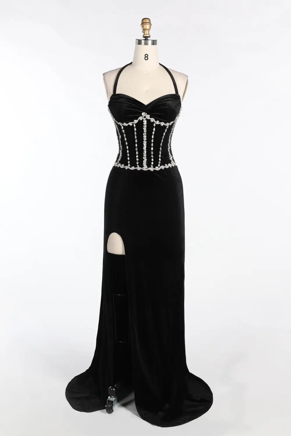 Black Halter Corset Slit Velvet Evening Dress ST094 Sheer Fairy