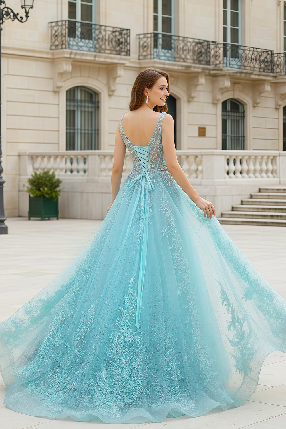 Mint Green Beaded Floral Tulle Ballgown Prom Dress SH385 Sheer Fairy