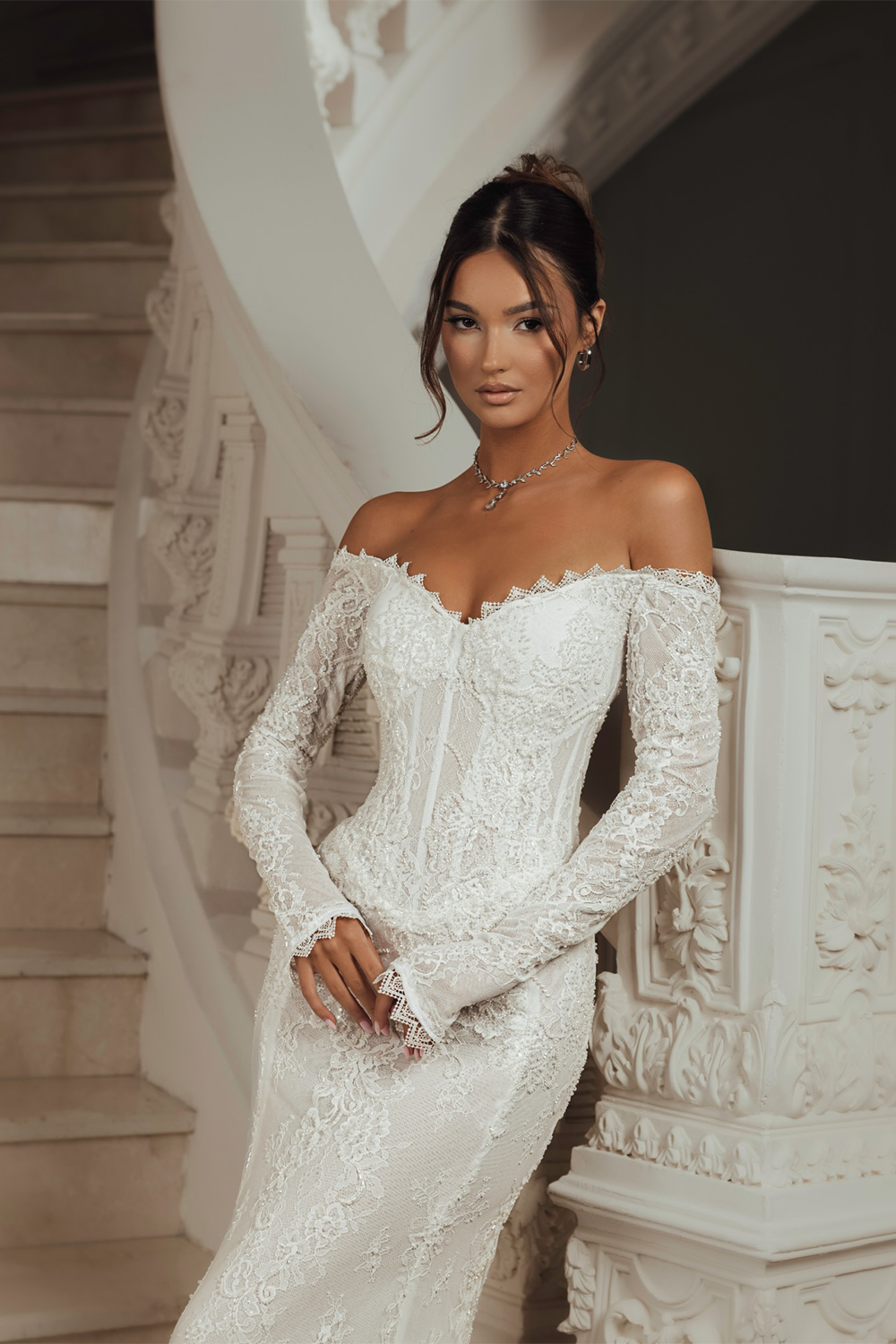 White Sweetheart Neck Sheer Long Sleeve Embroidered Lace Wedding Dress SW135 Sheer Fairy