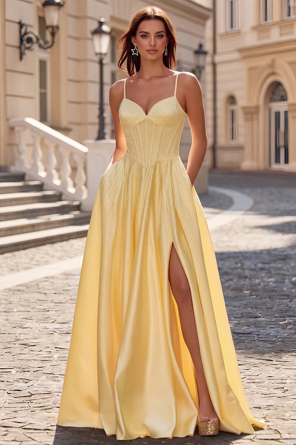 A Line Satin Long Yellow Prom Dress with Spaghetti Strap  SH726 Sheer Fairy
