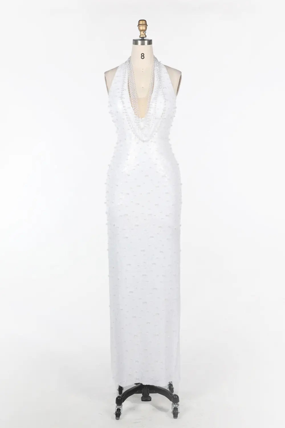 White Halter Pearl Beaded Backless Evening Dress ST091 Sheer Fairy