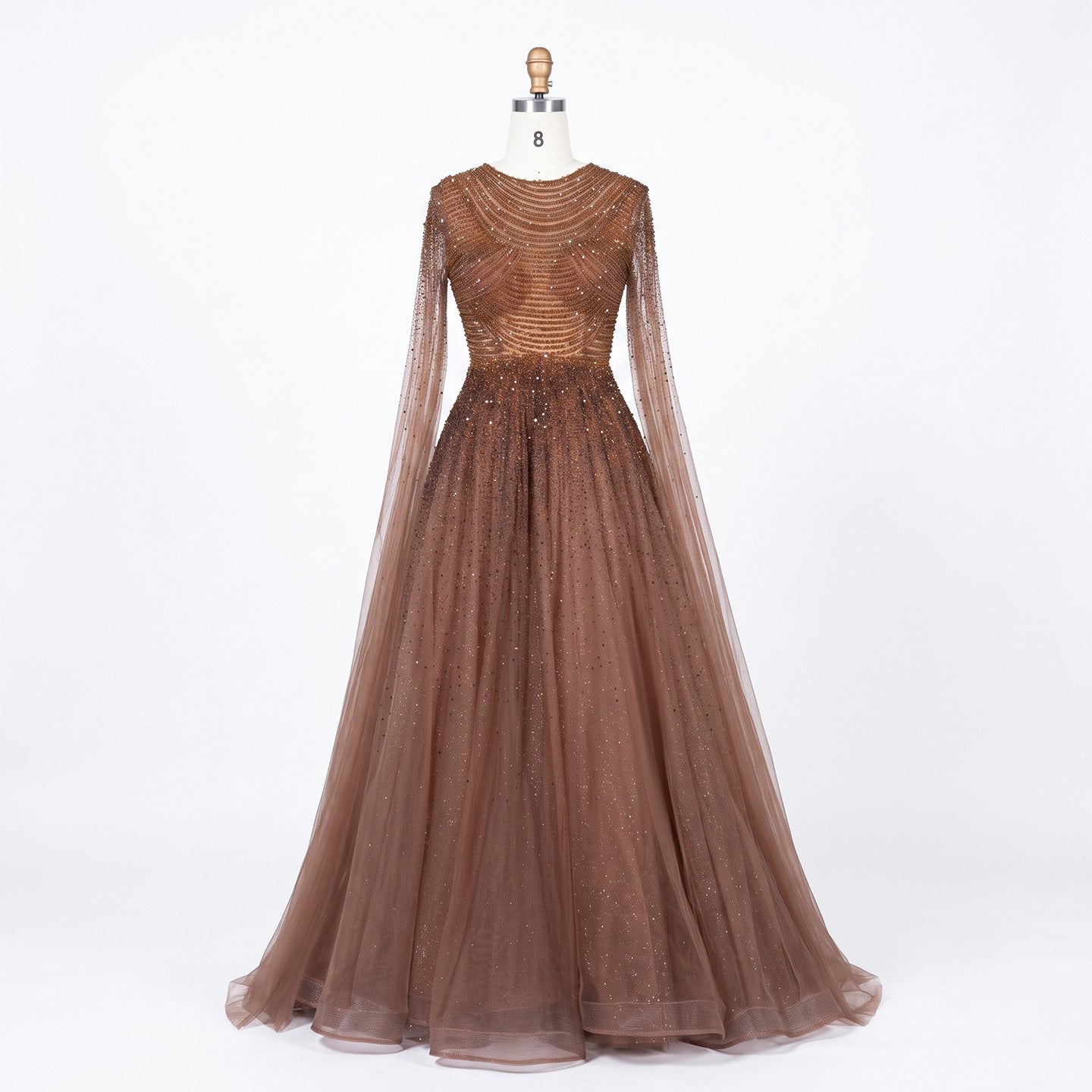 Sparkling Beaded A Line Evening Gown Long Cape Sleeves Glitzy Prom Dress SS059 Sheer Fairy