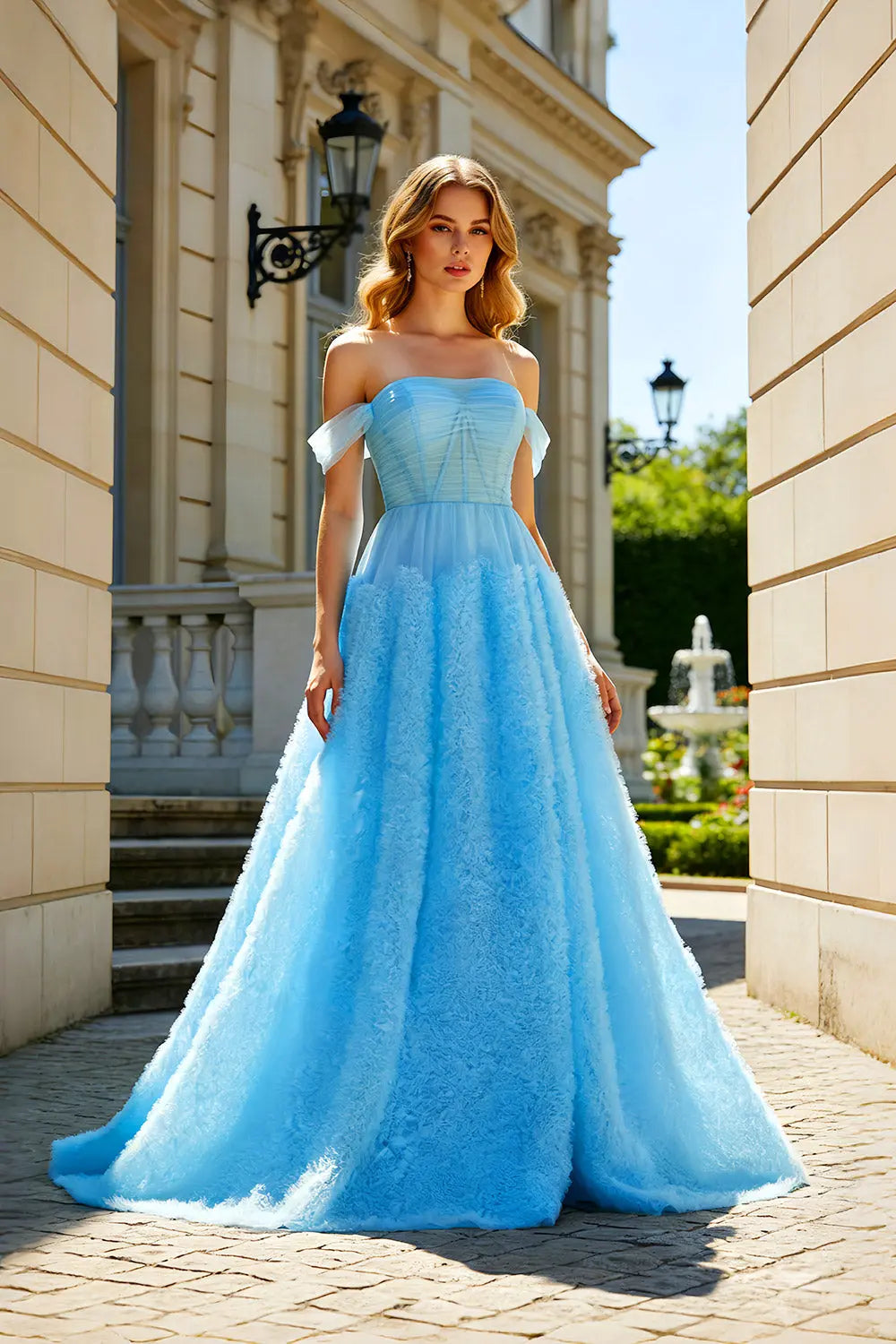 Sky Blue Lace Off-the-Shoulder Ball Gown Prom Dress SH445 Sheer Fairy