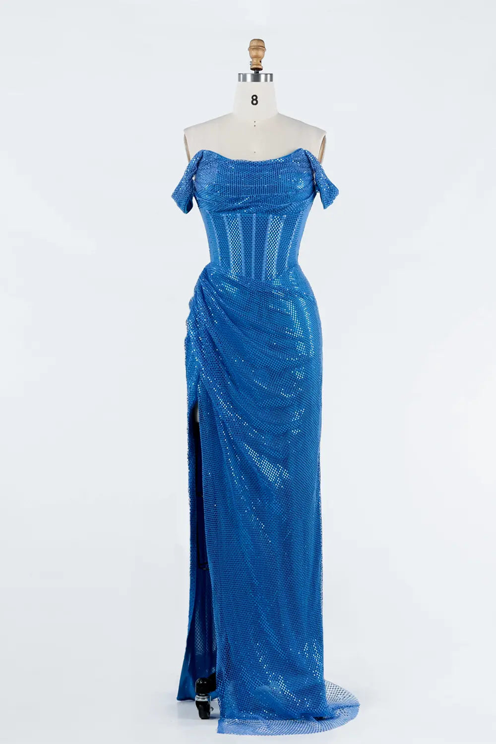Royal Blue Sequin Off Shoulder Corset High Slit Maxi Evening Dress ST034 Sheer Fairy