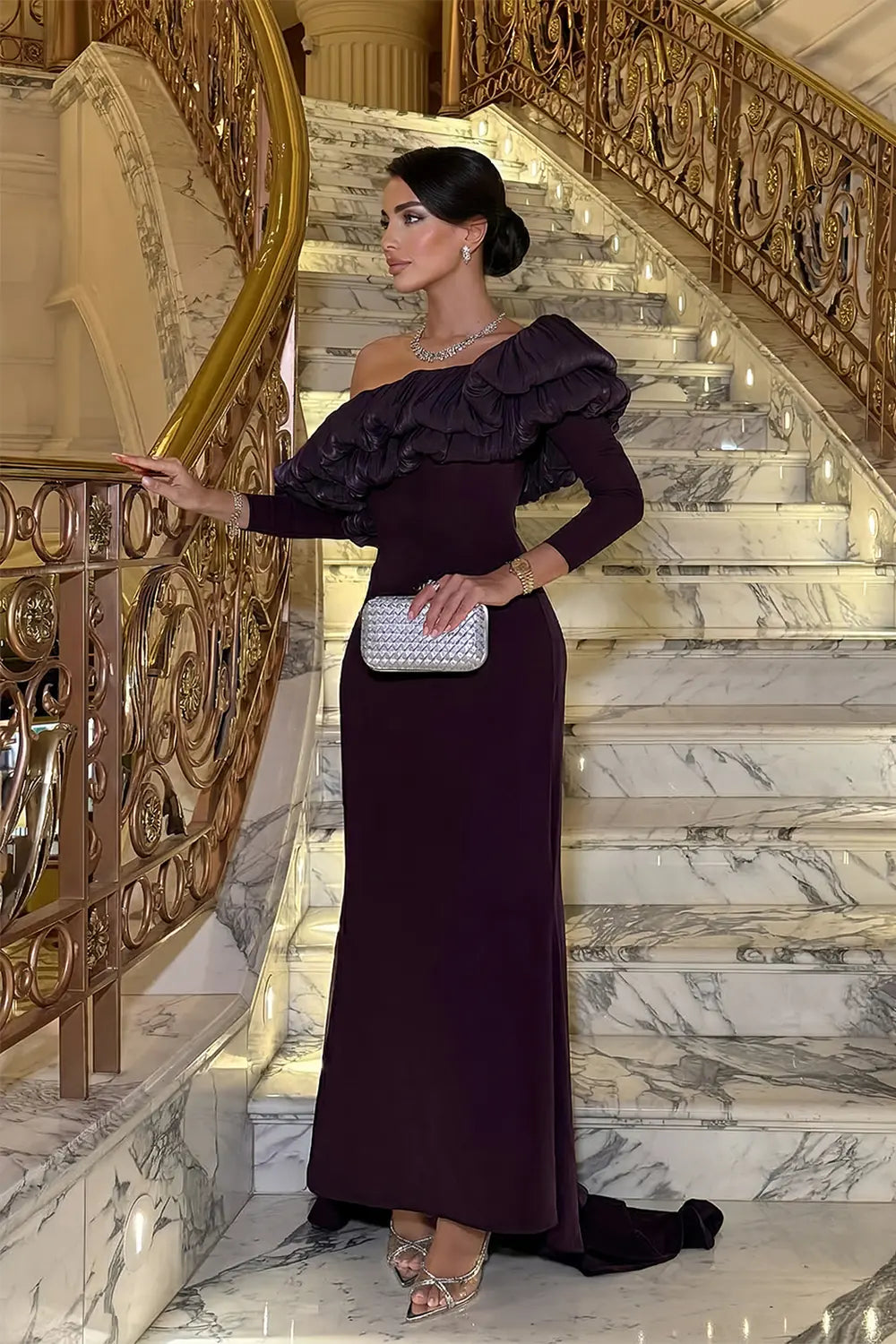 Purple Ruffled Satin One-Shoulder Sheath Evening Dress SF323 Sheer Fairy