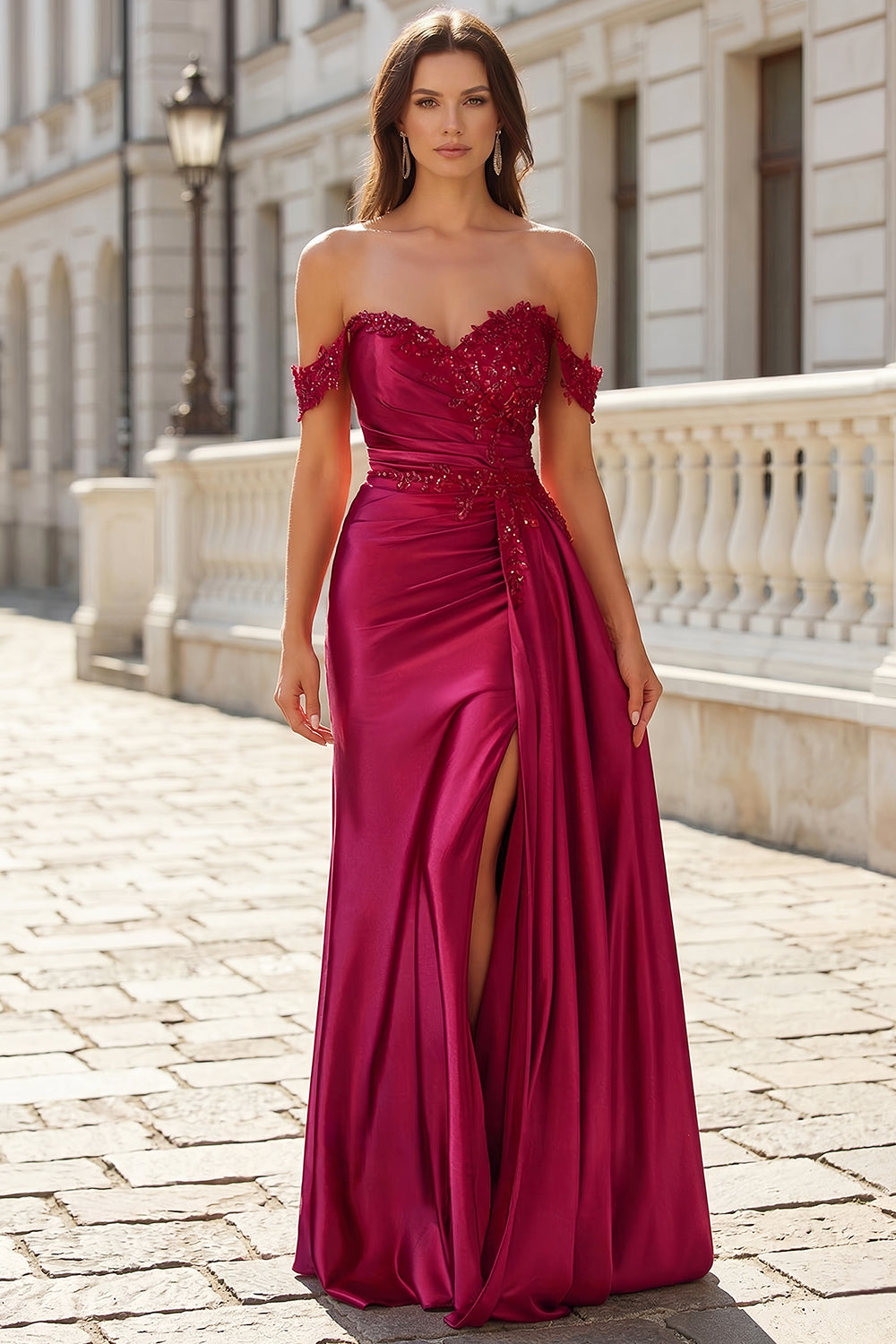 Burgundy Off-the-Shoulder Lace Applique Mermaid Prom Dress with Drape SH770 Sheer Fairy