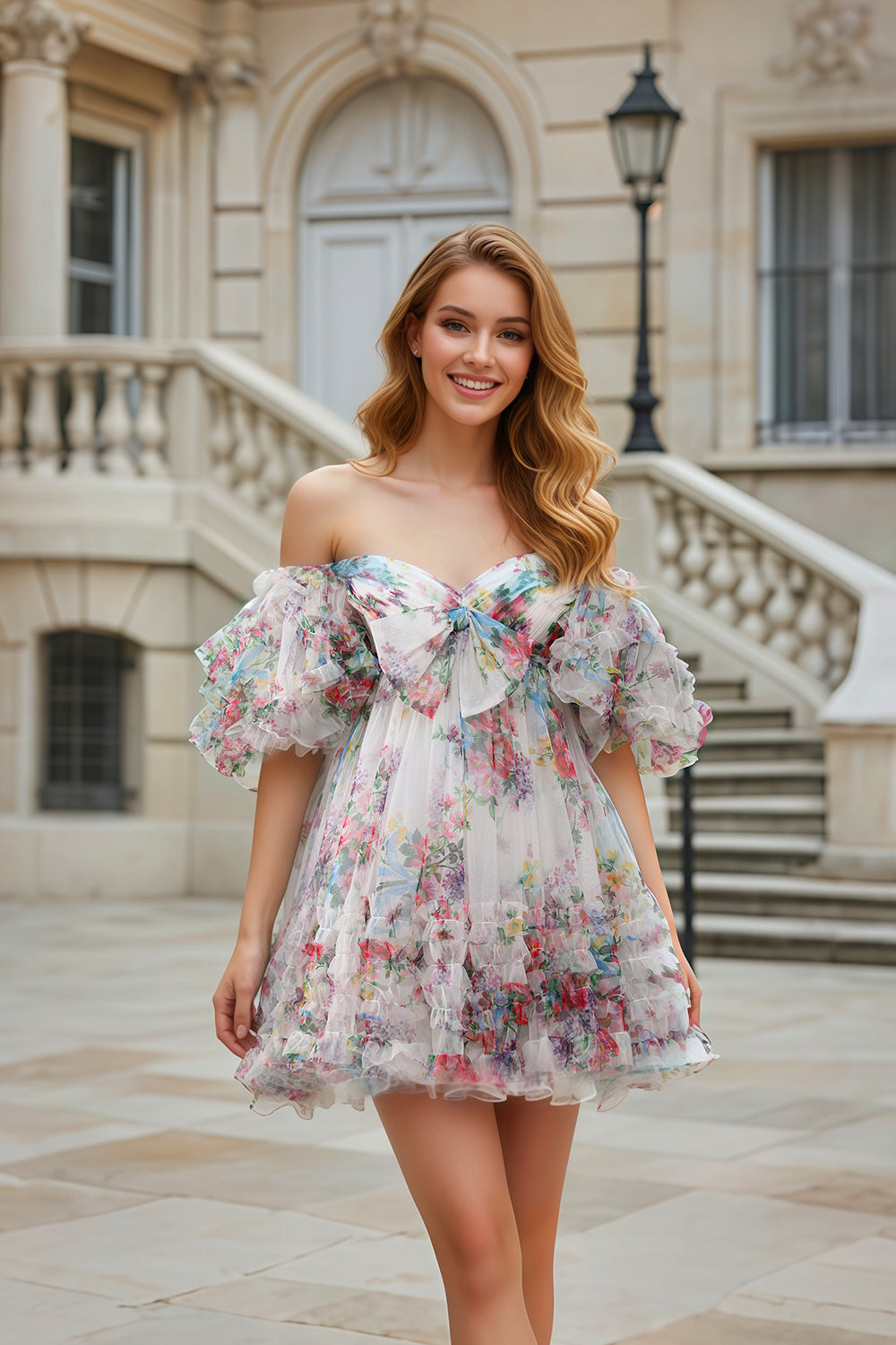 Floral Print Chiffon Off-Shoulder A-Line Mini Homecoming Dress RM163 Sheer Fairy