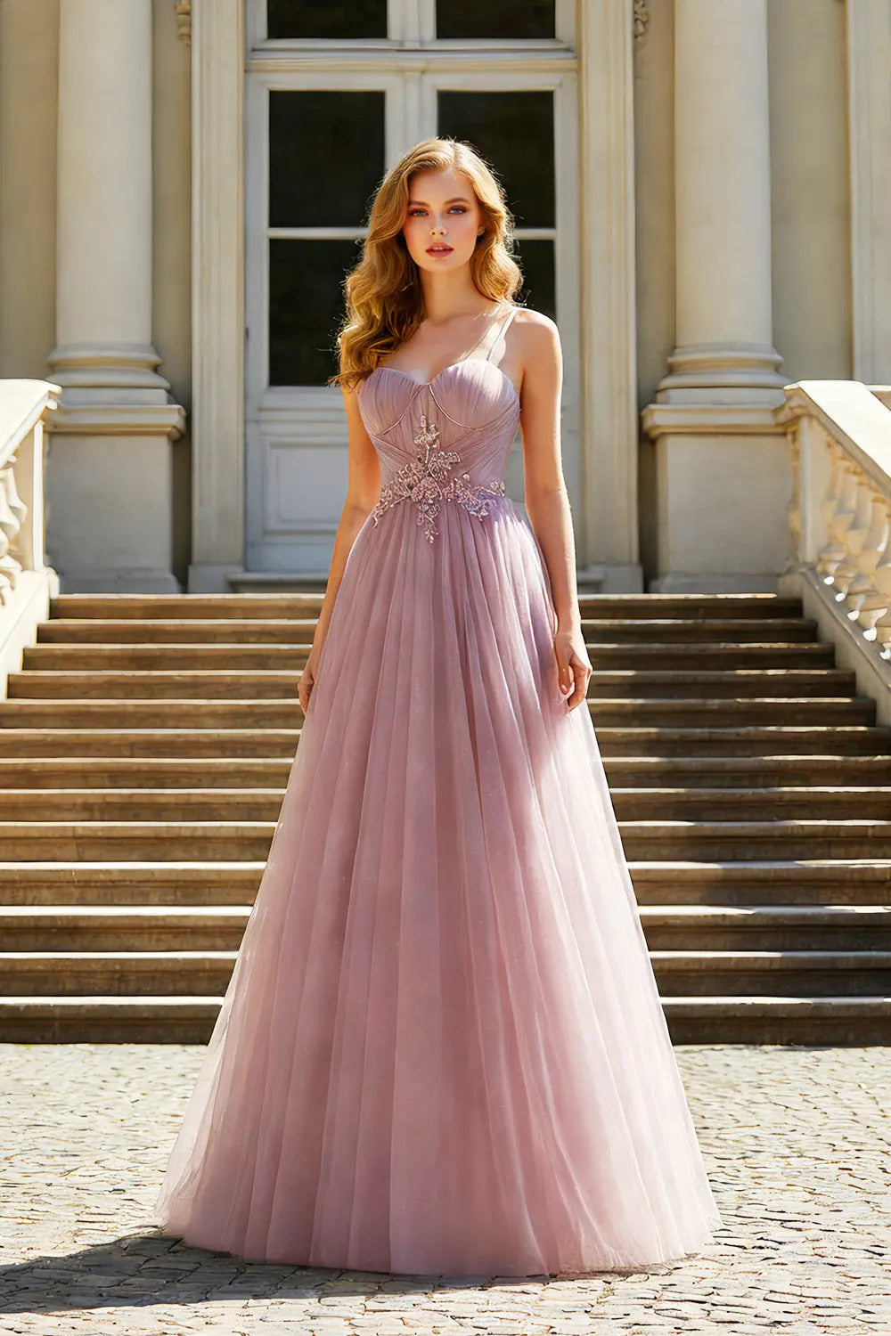 Rose Sweetheart Tulle Beaded A-line Pink Prom Dress SH481 Sheer Fairy