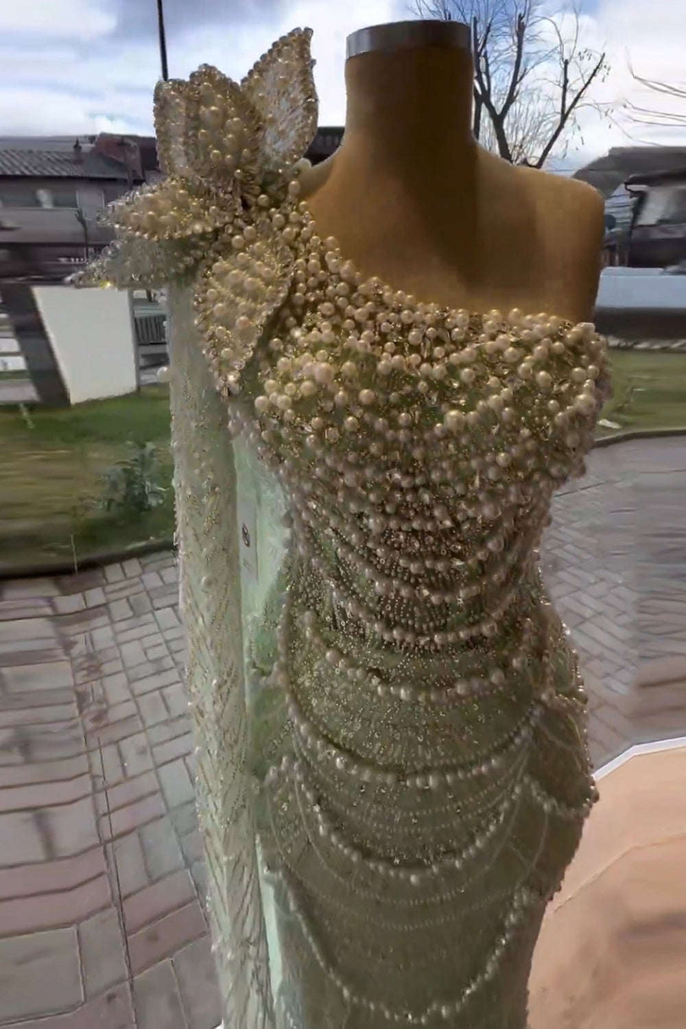 Luxury Pearls 3D Flower Green One Shoulder Evening Dress SS688 Sheer Fairy
