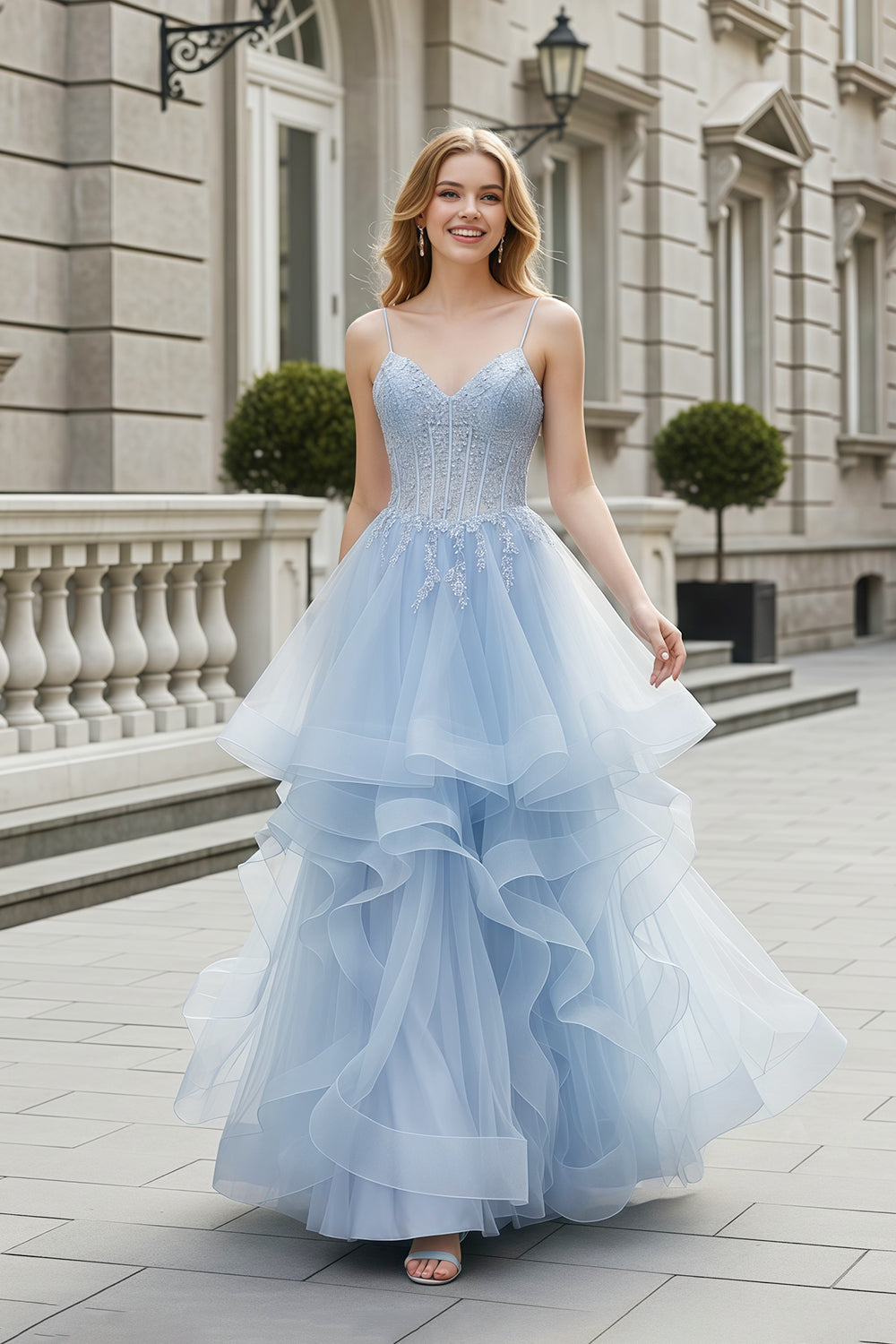 Light Blue Tiered Ruffled Tulle Ballgown Prom Dress SH255 Sheer Fairy