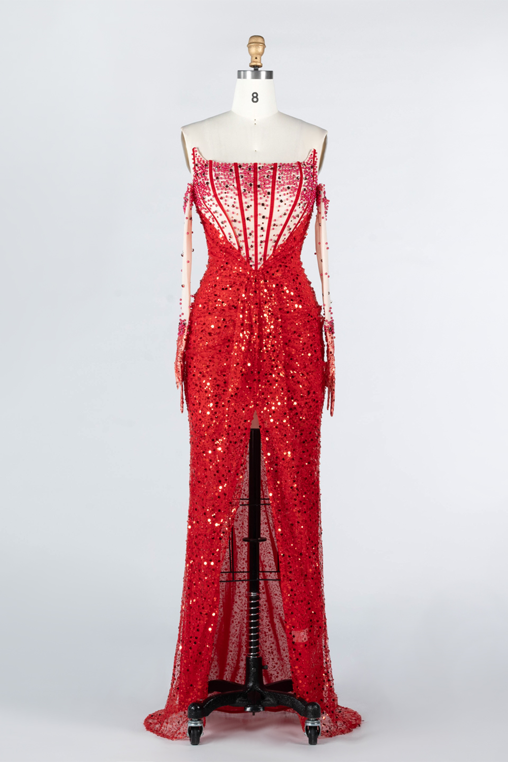 Red Sequin High Slit Evening Dress with Boned Corset and Matching Sleeves ST024 Sheer Fairy
