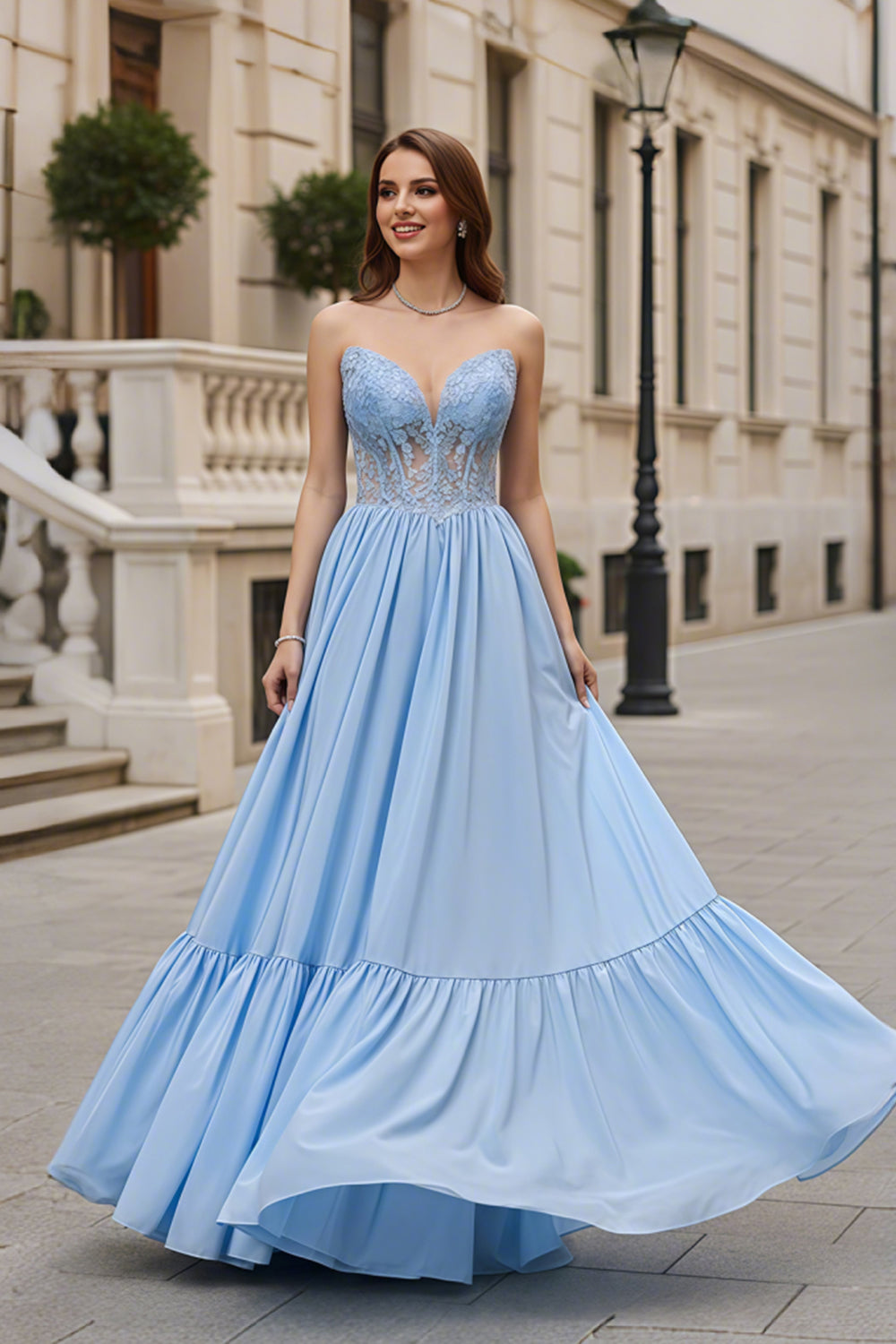 Light Blue Sweetheart Beaded Ball Gown Prom Dress SH103 Sheer Fairy