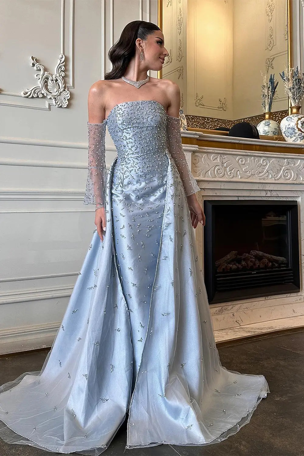 Silver Strapless Mermaid Evening Dress with Detachable Tulle Overlay & Sheer Sleeves SS484 Sheer Fairy
