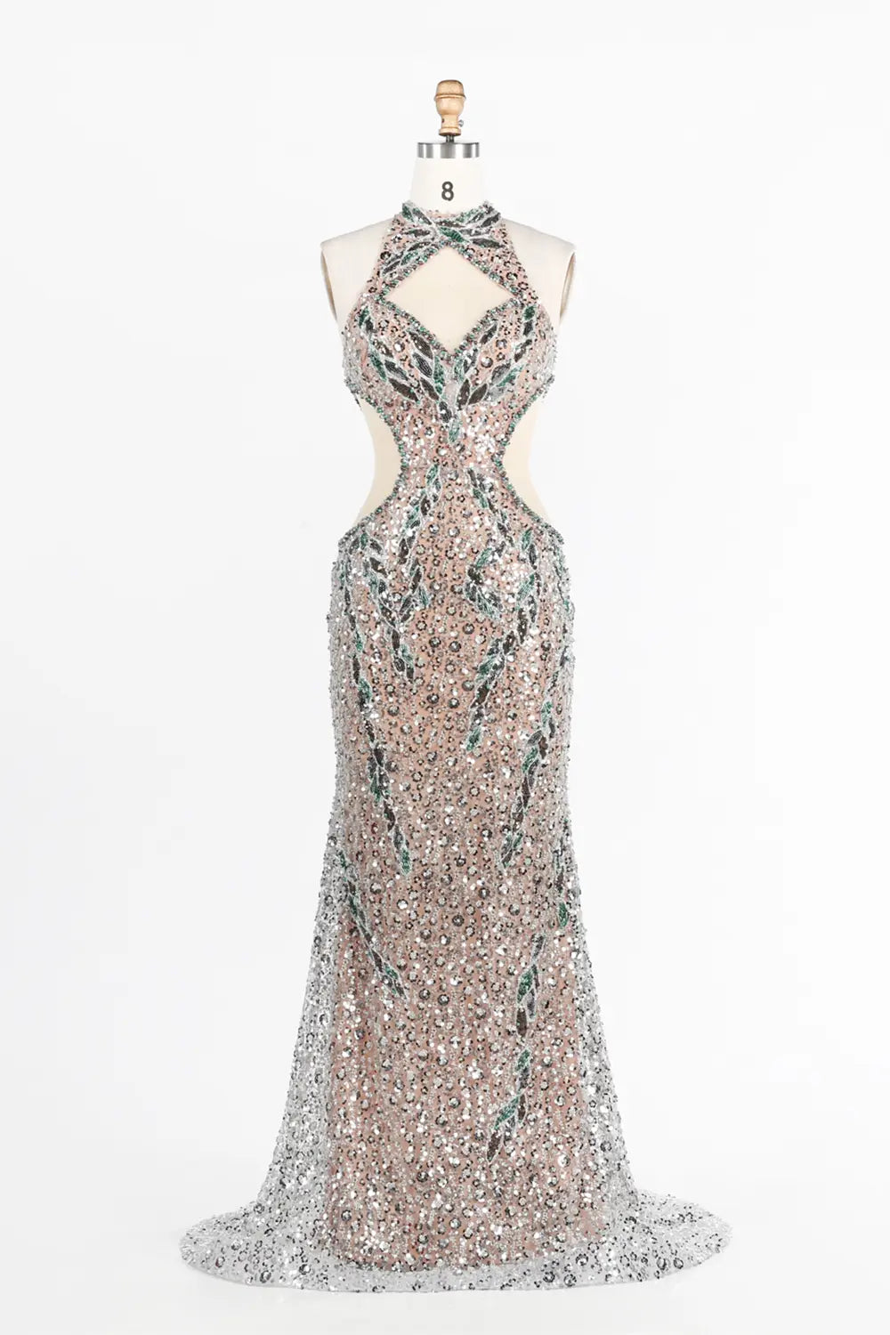 Champagne Halter Cutout Sequin Mermaid Evening Dress ST038 Sheer Fairy