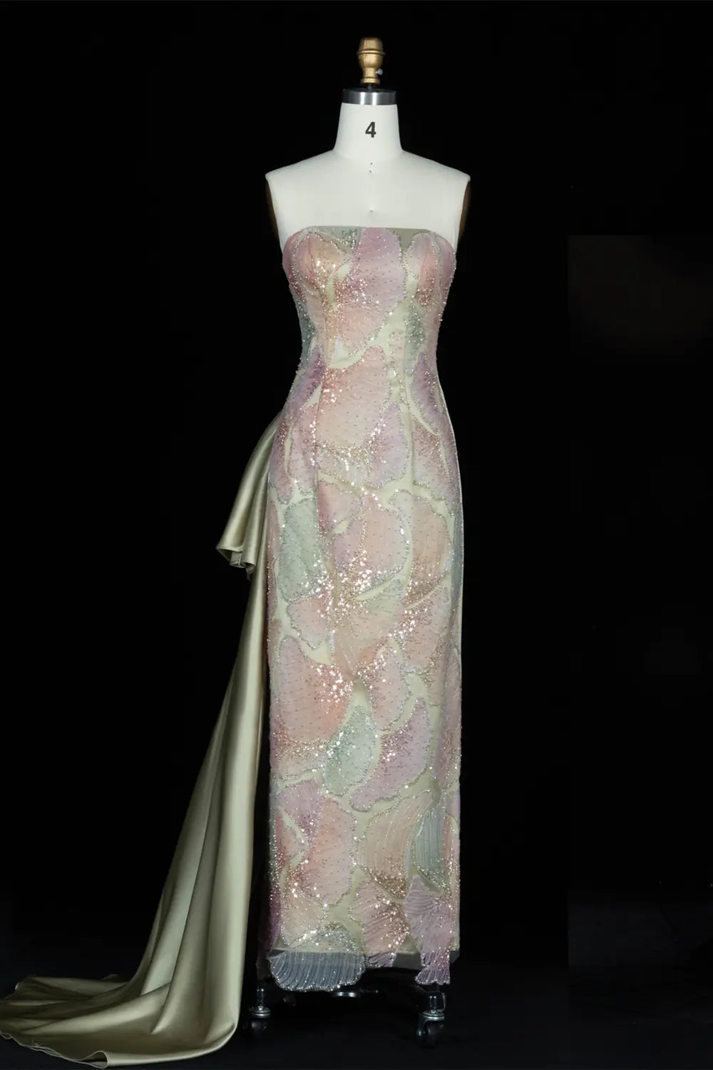 Sage Green Strapless Sequin Evening Dress with Oversized Satin Bow Train SS664 Sheer Fairy