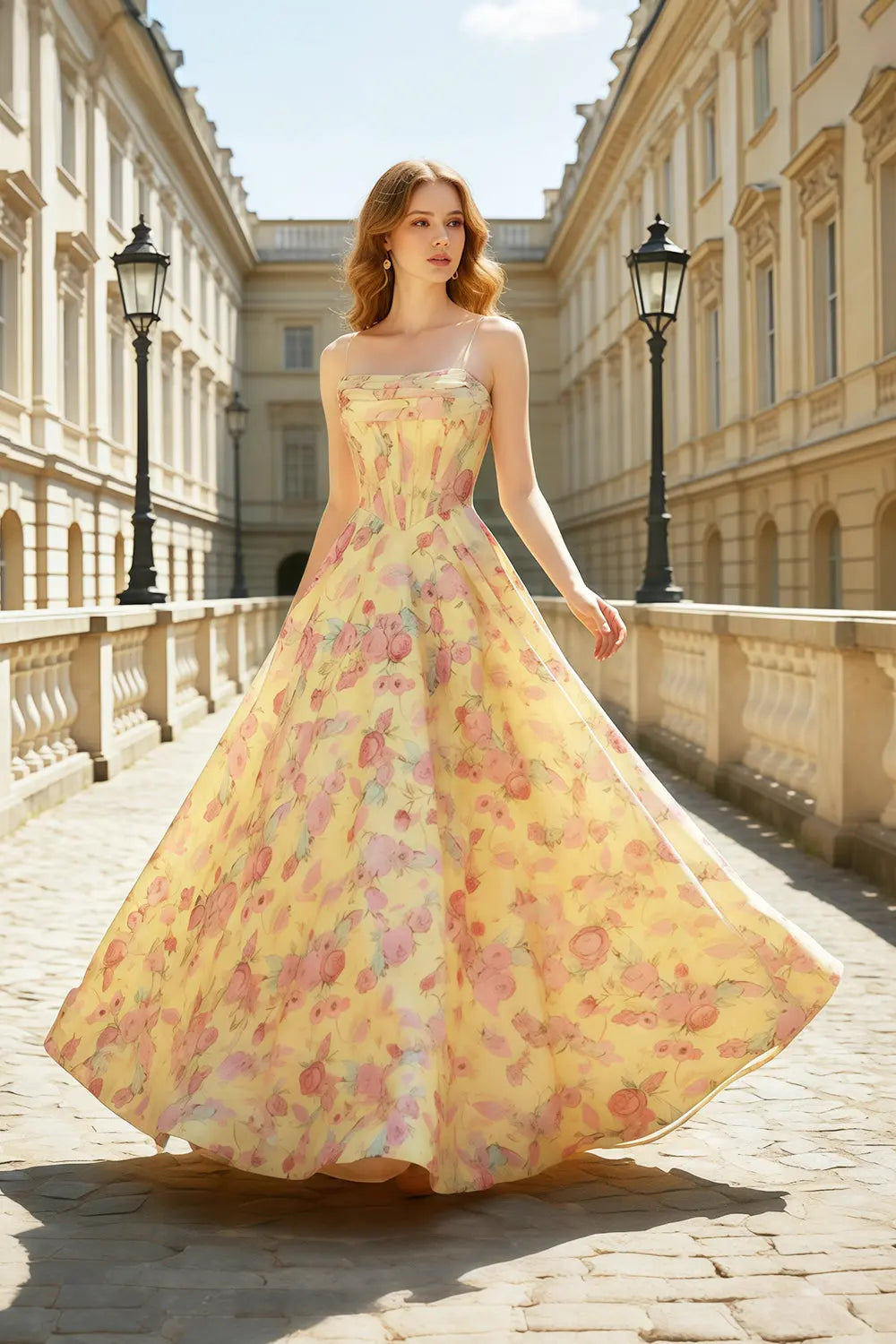 Strapless Yellow Floral Jacquard Ball Gown Prom Dress SH414 Sheer Fairy