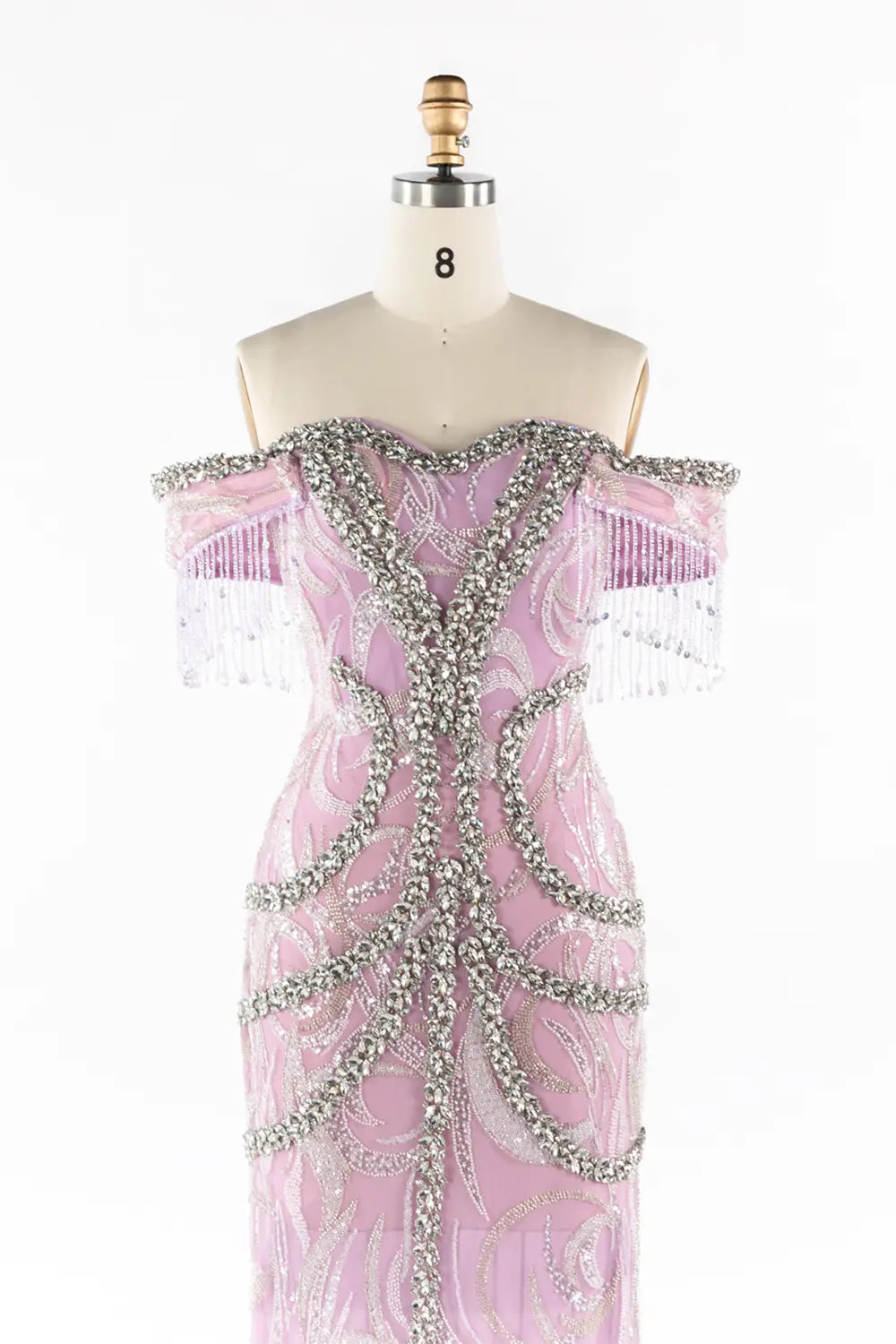 Lilac Off The Shoulder Beaded Fringe Formal Evening Dress ST053 Sheer Fairy
