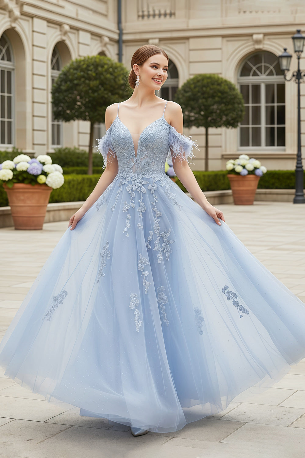 Light Blue V-Neck Ballgown Prom Dress with Feather Accents SH232 Sheer Fairy