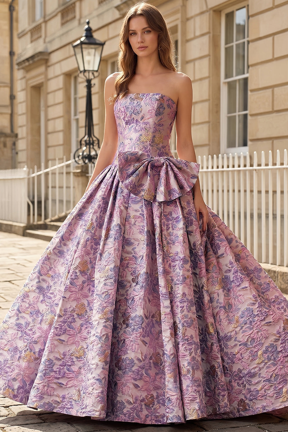 Lilac Floral Brocade Sexy Prom Dress with Overskirt Bow SH775 Sheer Fairy