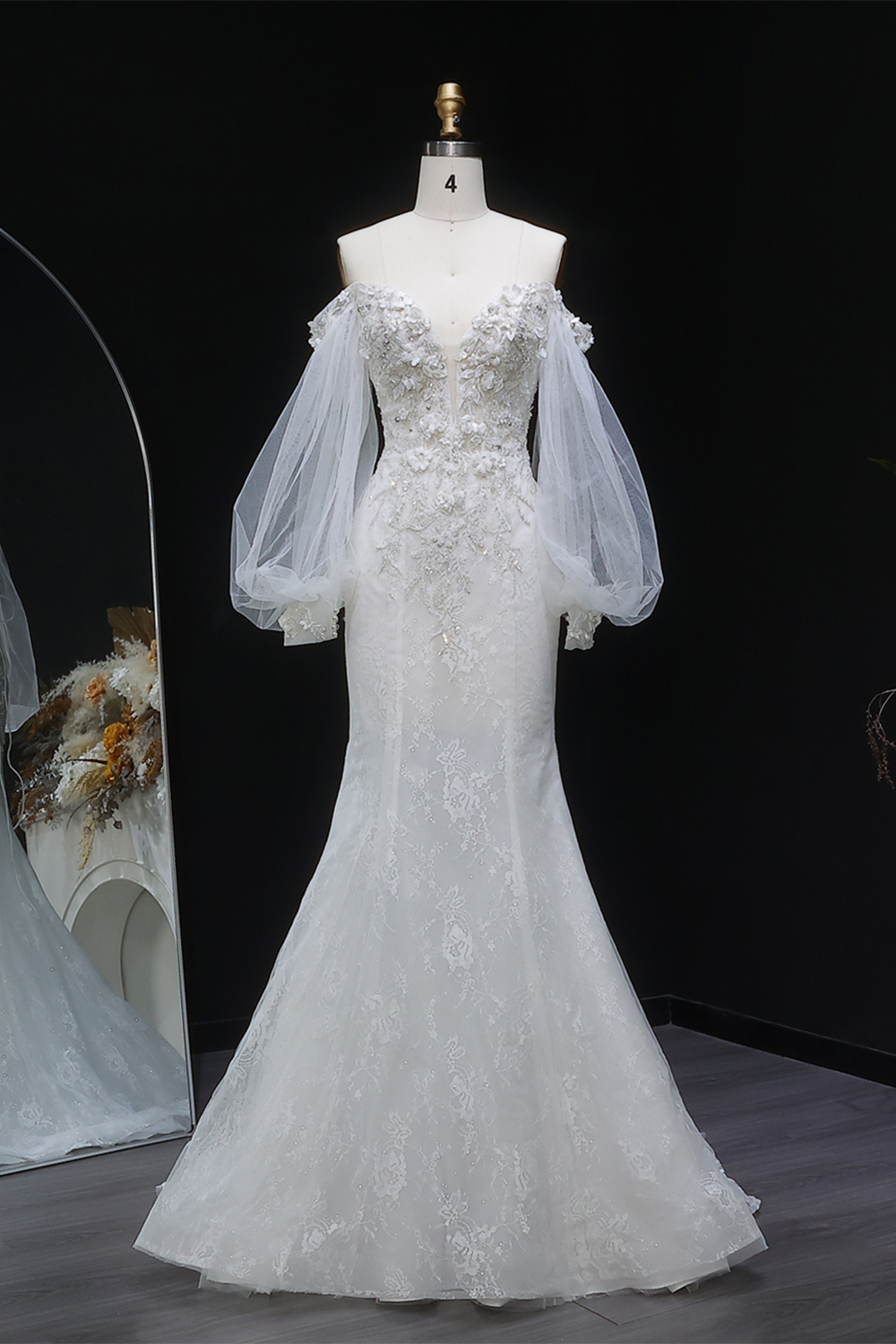 White Sweetheart Tulle Puff Sleeve 3D Flower Long Mermaid Wedding Gown SW630 Sheer Fairy