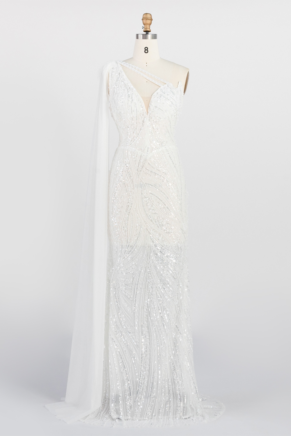 White One Shoulder Mermaid Evening Gown Full Sequin Sparkle Party Dress with Cape ST010 Sheer Fairy