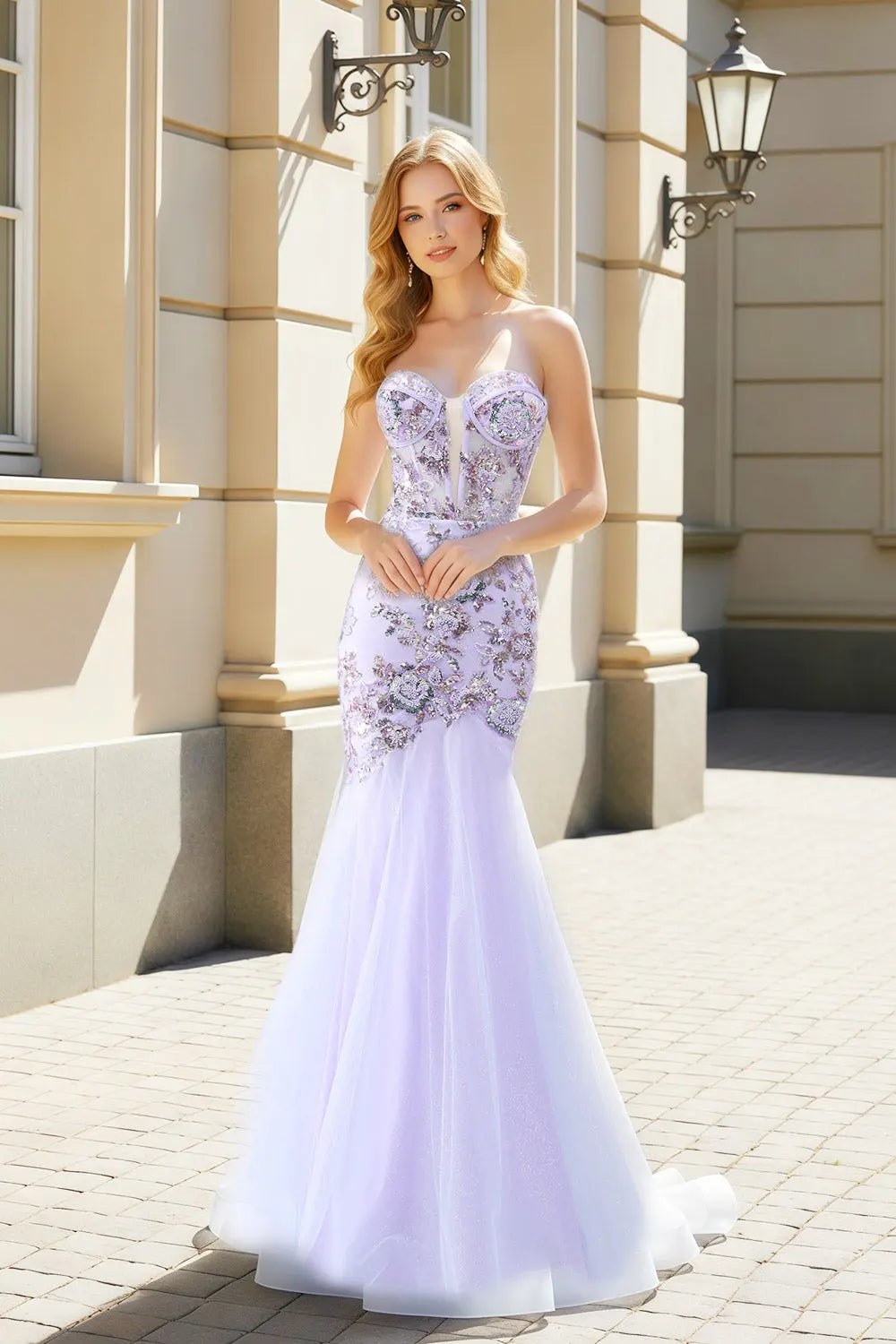 Beaded Lilac Lace Mermaid Strapless Sweetheart Prom Dress SH482 Sheer Fairy