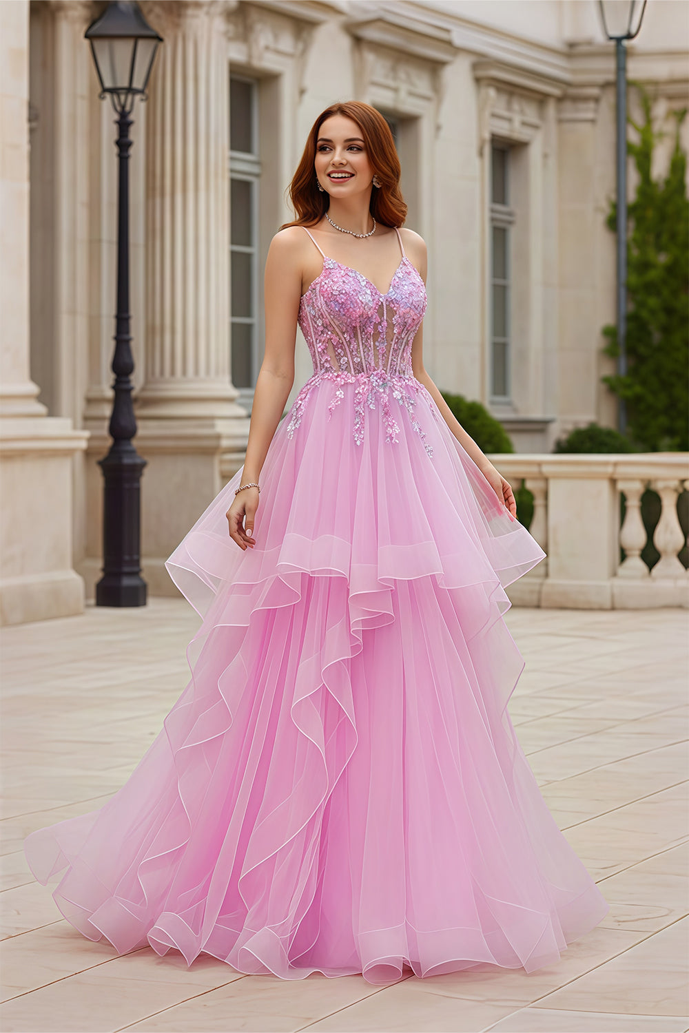 Luxury Pink Beaded Plunging V-Neck Tiered Prom Dress SH104 Sheer Fairy