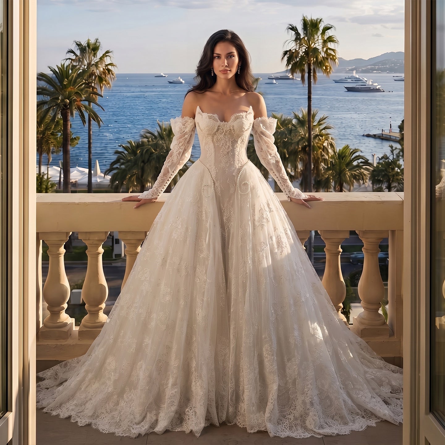 Off White Luxury Ball Gown Wedding Dress Beaded With Veil SW715 Sheer Fairy